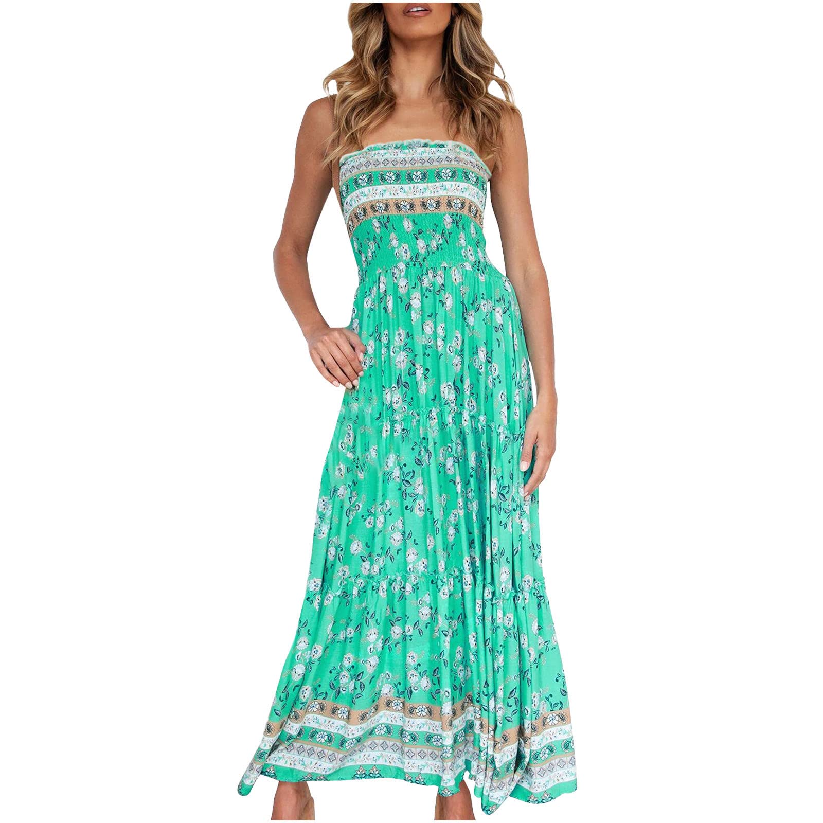 2024 Women's Summer Bohemian Floral Printed Strapless Long Maxi Dress - Elegant Beach Wedding Party Dress for Vacation, Date Night & Outdoor Events