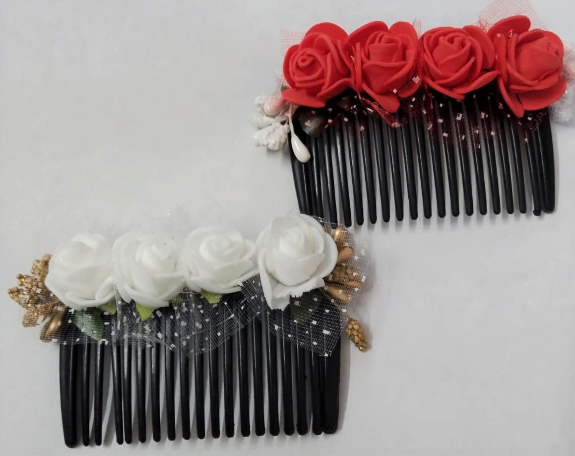 Ruchi Floral Hair Clip & Side Comb Set for Women & Girls - White & Red Pack of 2 | Wedding, Party & Everyday Hair Accessories