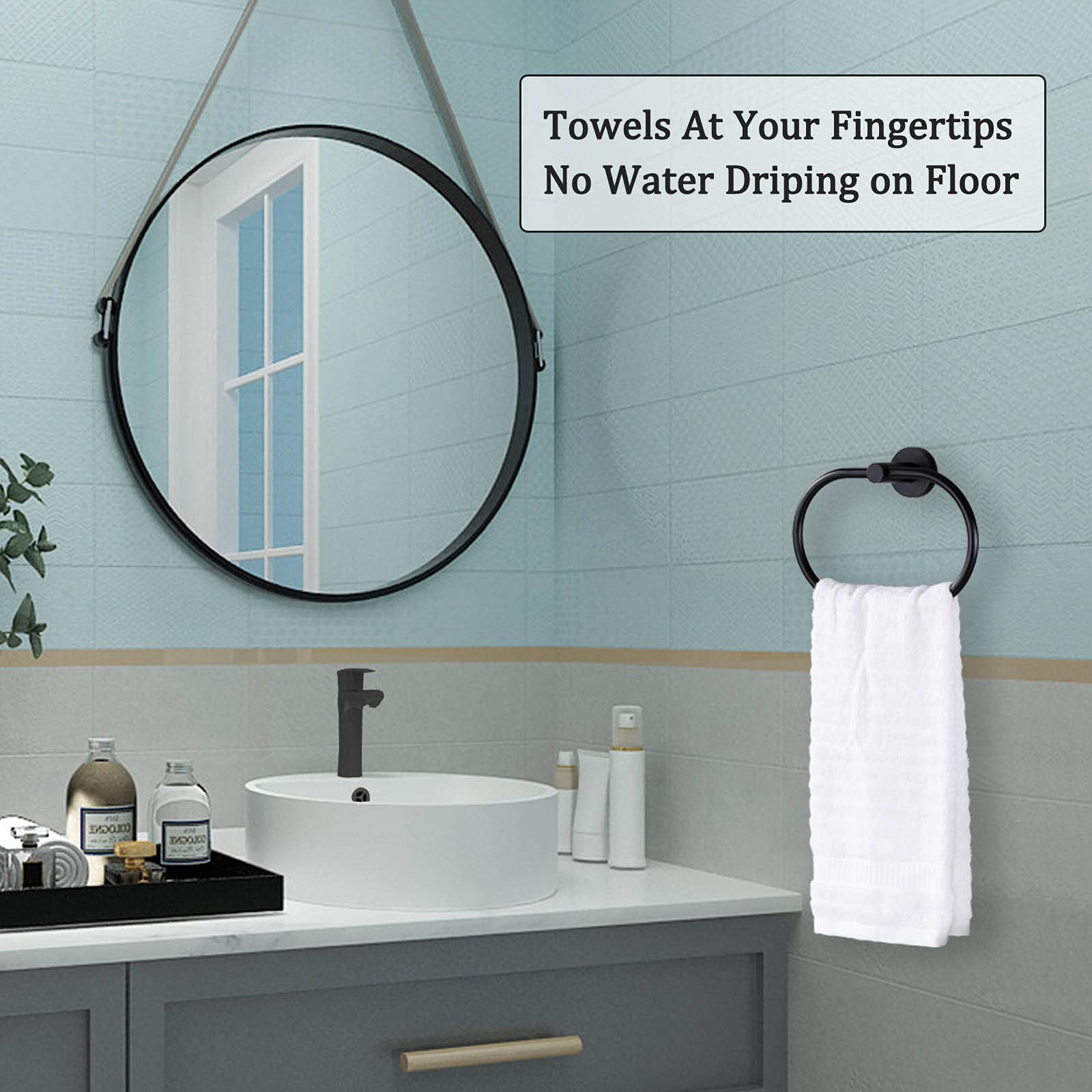 Suyar Matte Black Towel Ring - Stainless Steel Modern Swivel Hand Towel Holder for Bathroom Wall - Oval Shape Bathroom Accessory - Perfect for Powder Rooms, Guest Baths & Spa-Style Showers