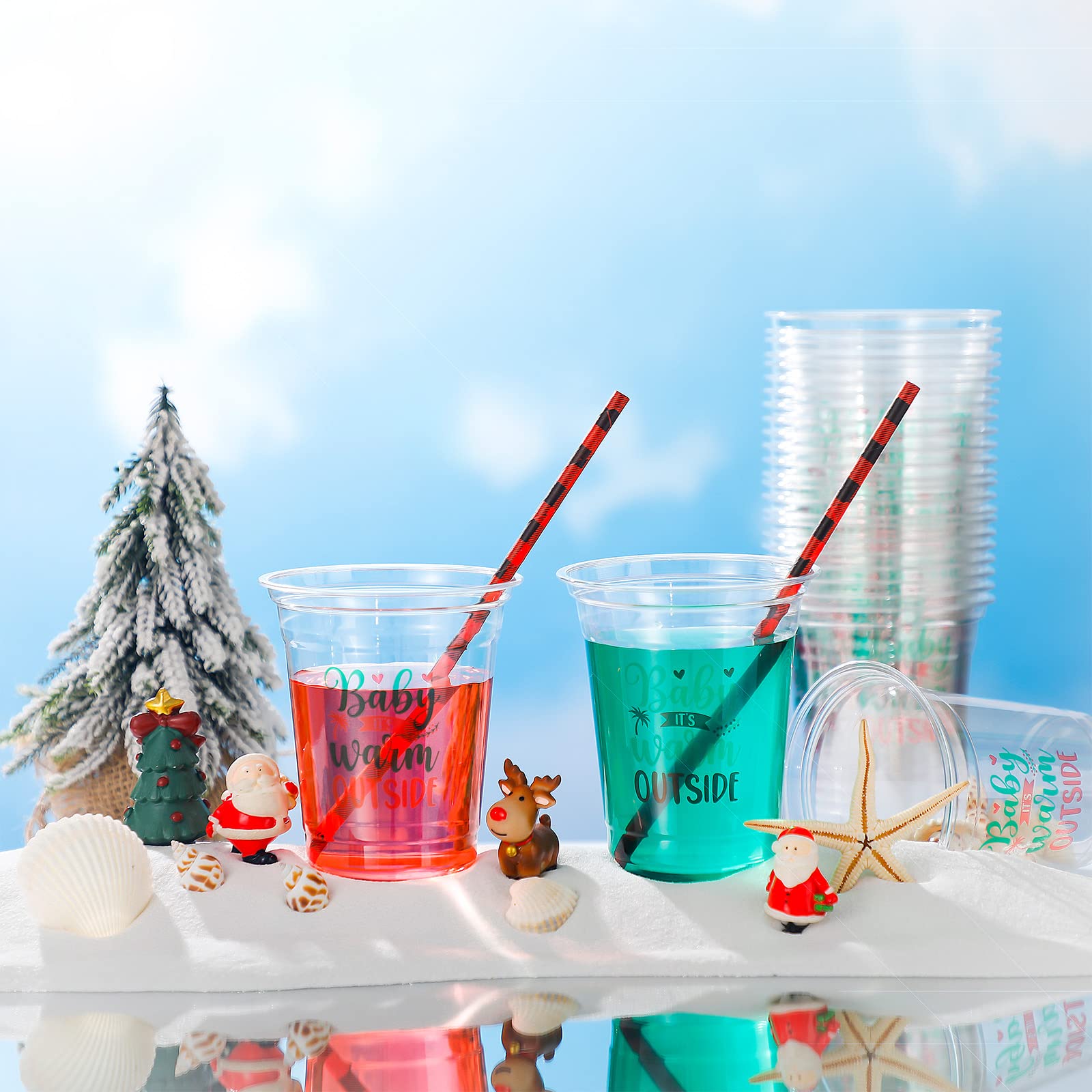 50 Pcs Christmas in July Disposable Plastic Cups - 12oz Clear Tropical Party Cups for Summer BBQs, Beach Parties & Holiday Celebrations - Baby It's Warm Outside Themed Decorations
