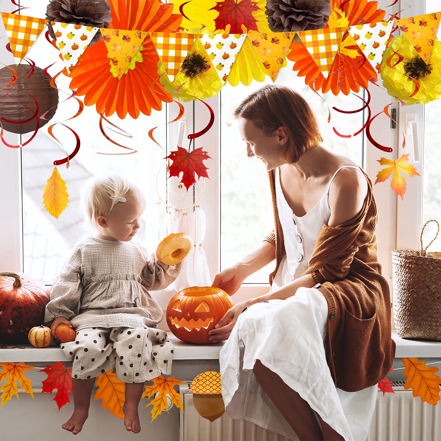 Orange Autumn Hanging Paper Fans & Pom Poms - Thanksgiving Party Decorations with Maple Leaves, Streamers & Lanterns for Fall Weddings, Birthdays & Seasonal Celebrations | Perfect for Home, Office & Outdoor Thanksgiving Decor
