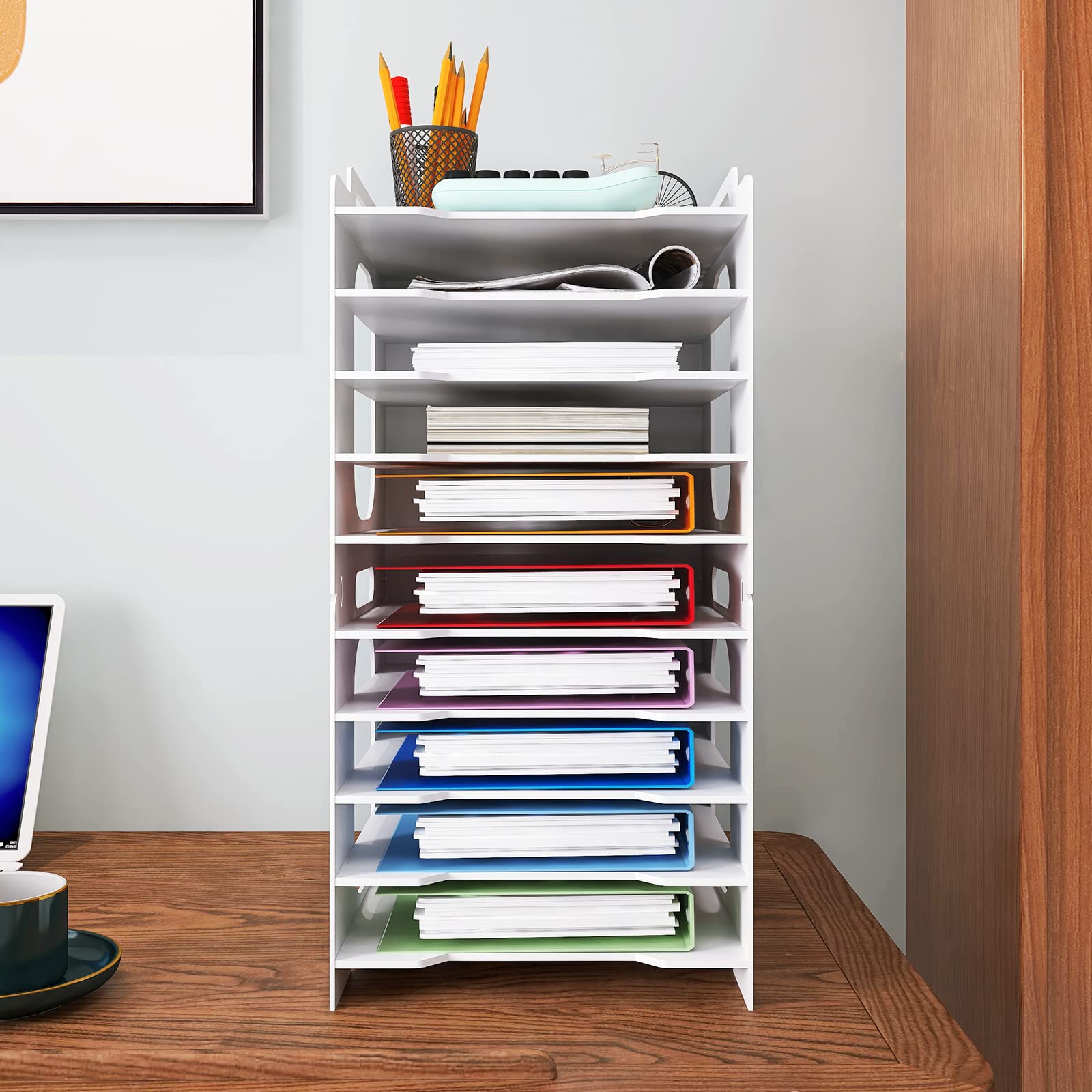 Natwind 10-Tier Stackable Paper Organizer - White Desktop File Sorter & Document Storage Rack for Office, Home, School | Perfect for Organizing Letters, Bills, and Important Documents