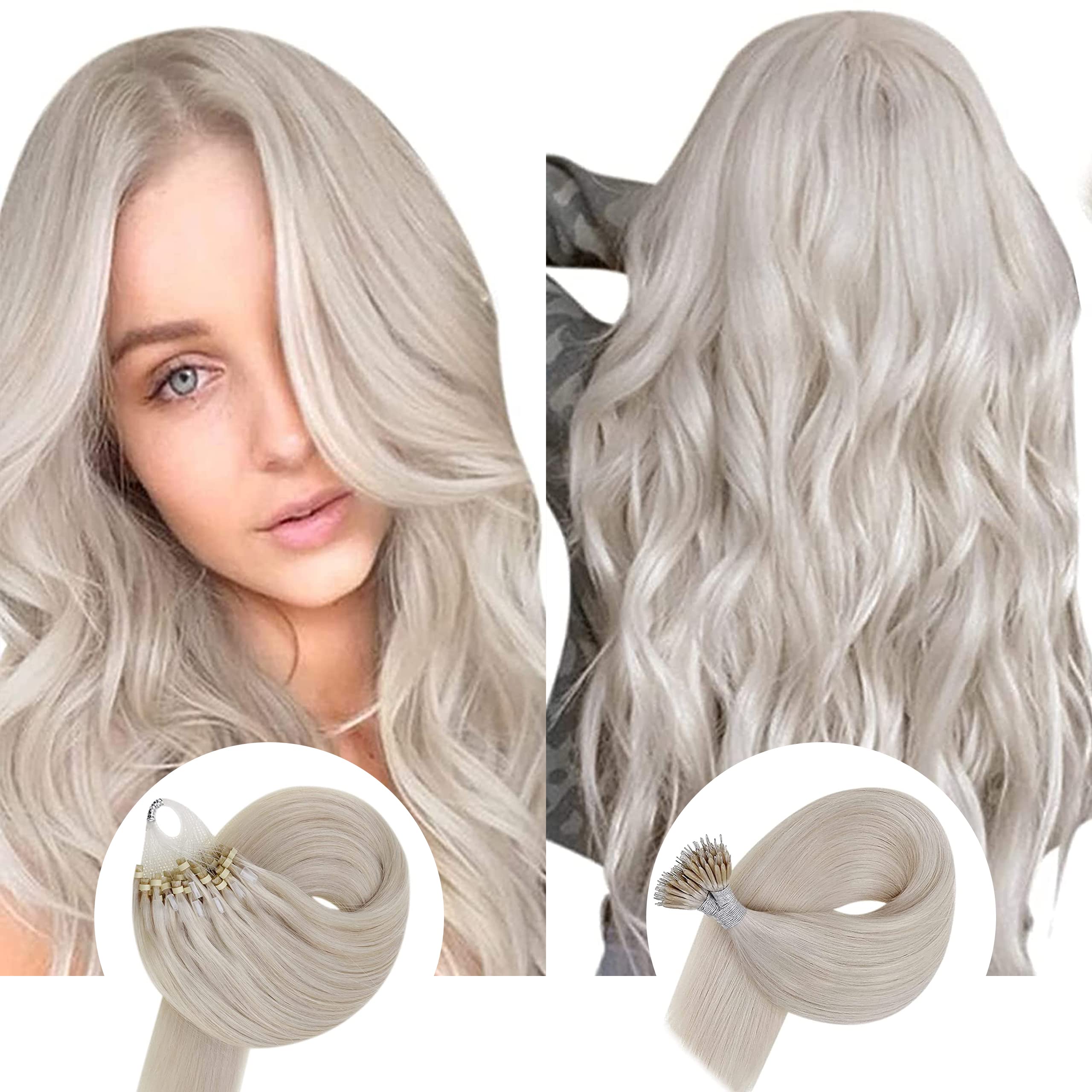 Hetto Blonde Nano Bead Hair Extensions 100% Human Hair - #60 Platinum Blonde 20 Inch 50g 50 Strands with Micro Loop for Seamless Blending | Perfect for Daily Wear, Parties & Special Occasions