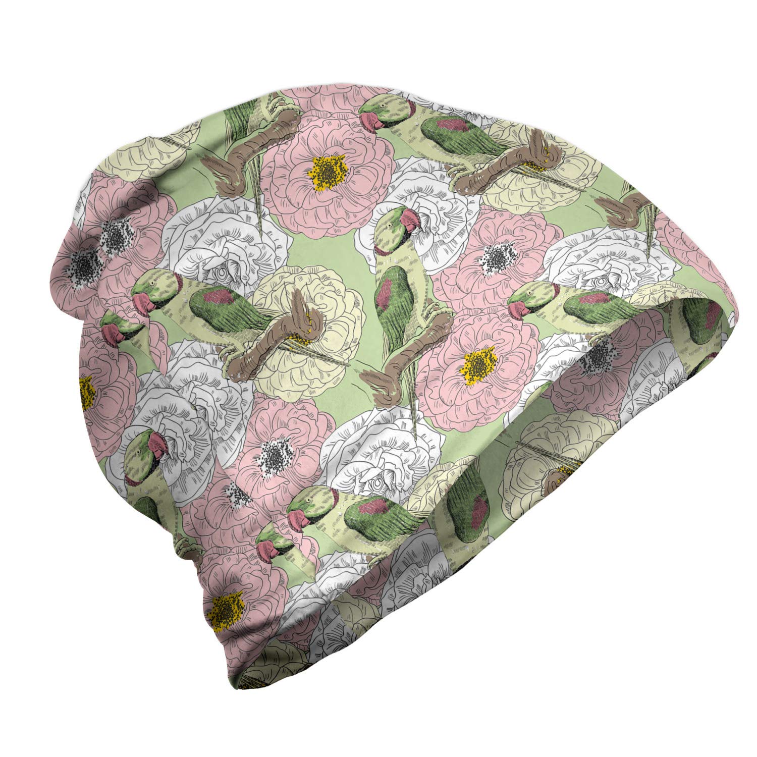 Ambesonne Unisex Beanie Hat - Parrots & Tropical Flowers Design - Warm Knit Winter Cap for Men & Women - Perfect for Hiking, Camping & Outdoor Adventures