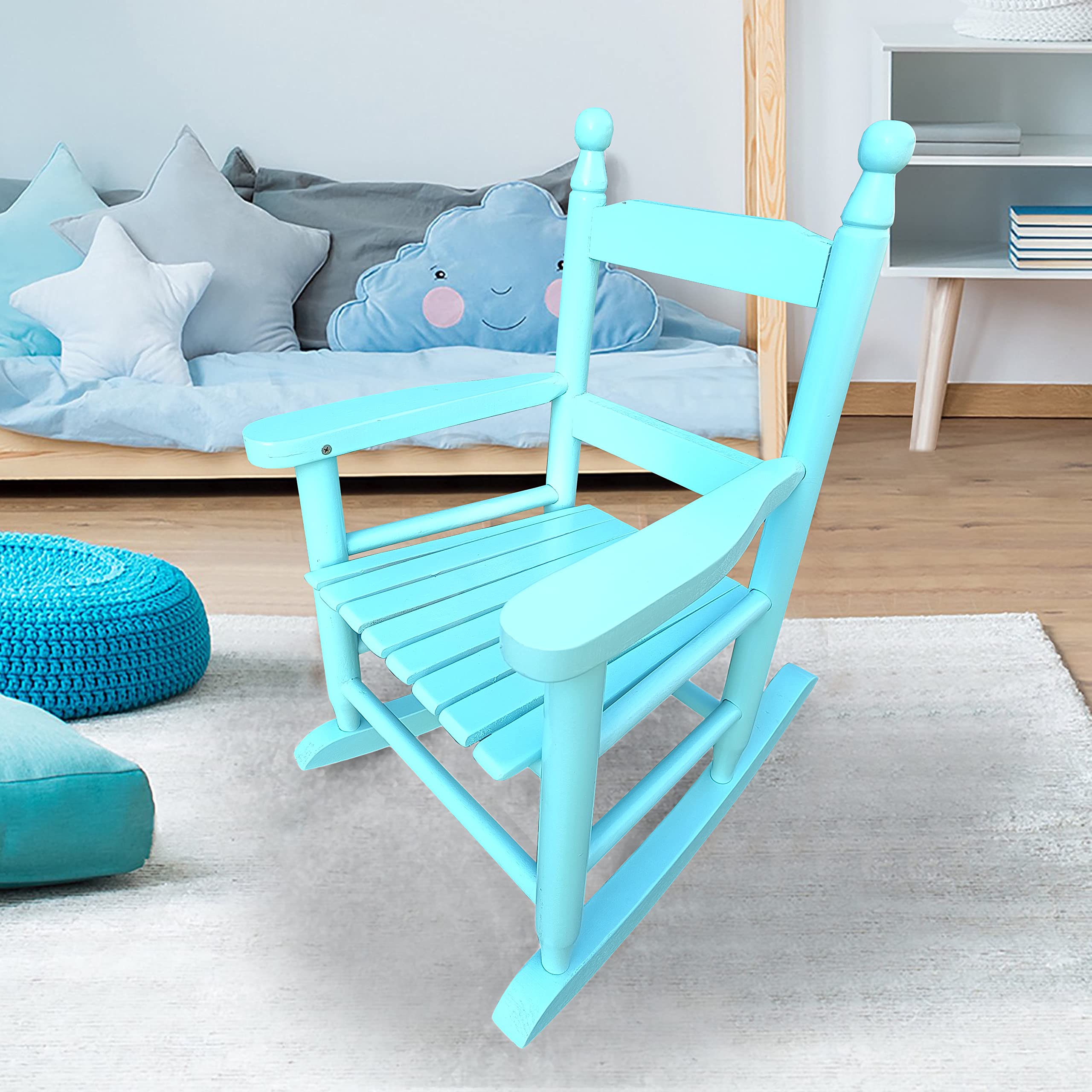 Goujxcy Kids Rocking Chair - Wooden Classic Rocker for Children & Toddlers - Indoor/Outdoor Nursery, Bedroom, Living Room, Porch, Balcony - Light Blue Rocking Seat for Relaxation & Playtime