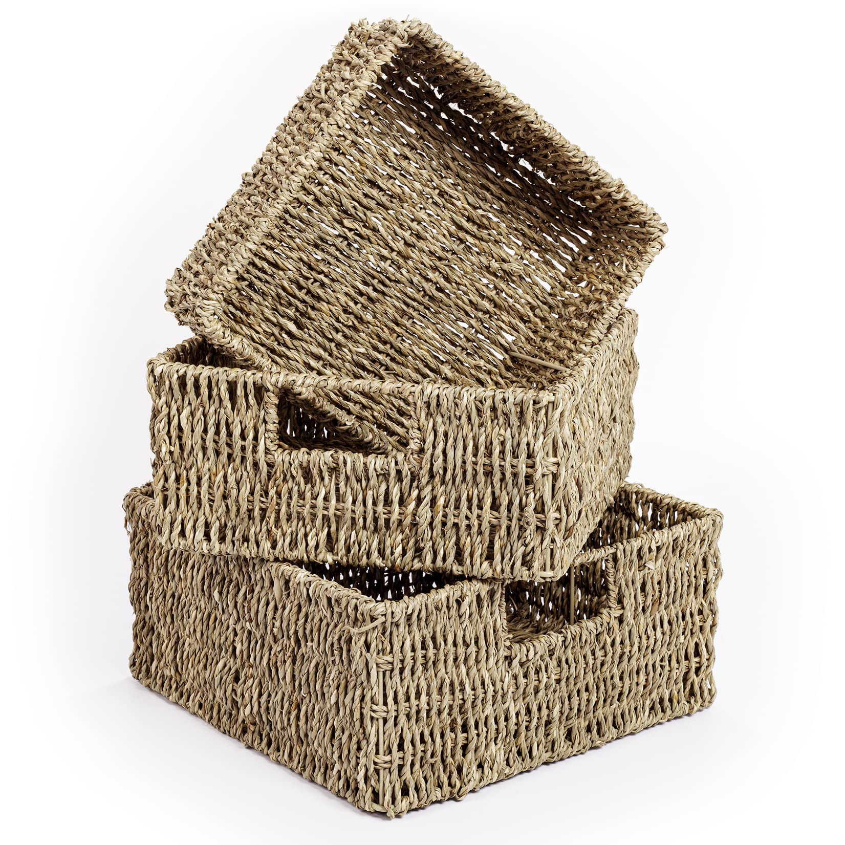 Woodluv Seagrass Storage Baskets Set of 3 - Hand-Woven Natural Storage Boxes for Shelves, Home & Office Organization - Perfect for Bedroom, Bathroom, Living Room & Office Decor | Space-Saving Storage Solution
