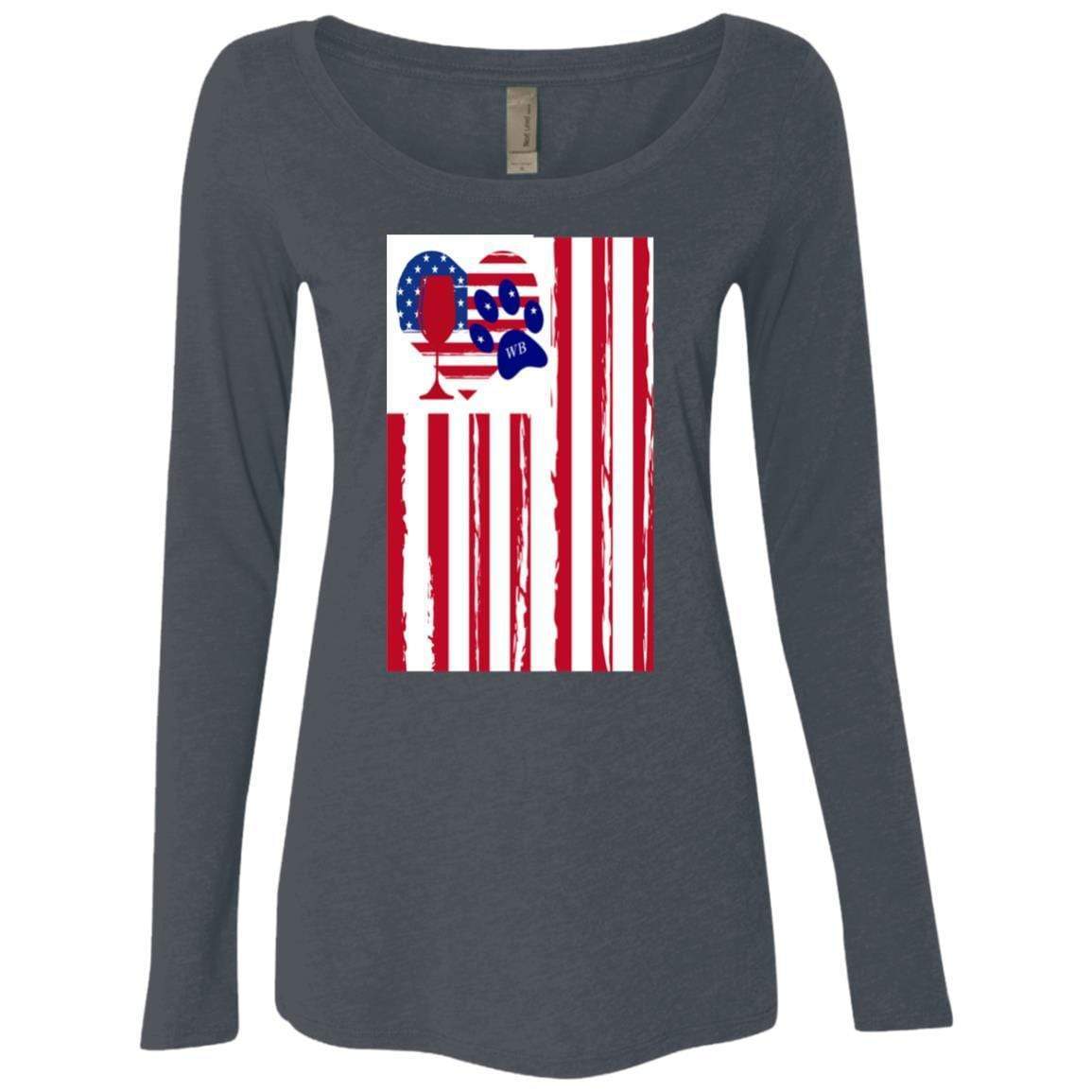 American Flag Wine Glass - Patriotic Heart Paw Print Design for Women | Long Sleeve Scoop Neck Triblend Shirt | Perfect for 4th of July, Memorial Day & Girls Night Out