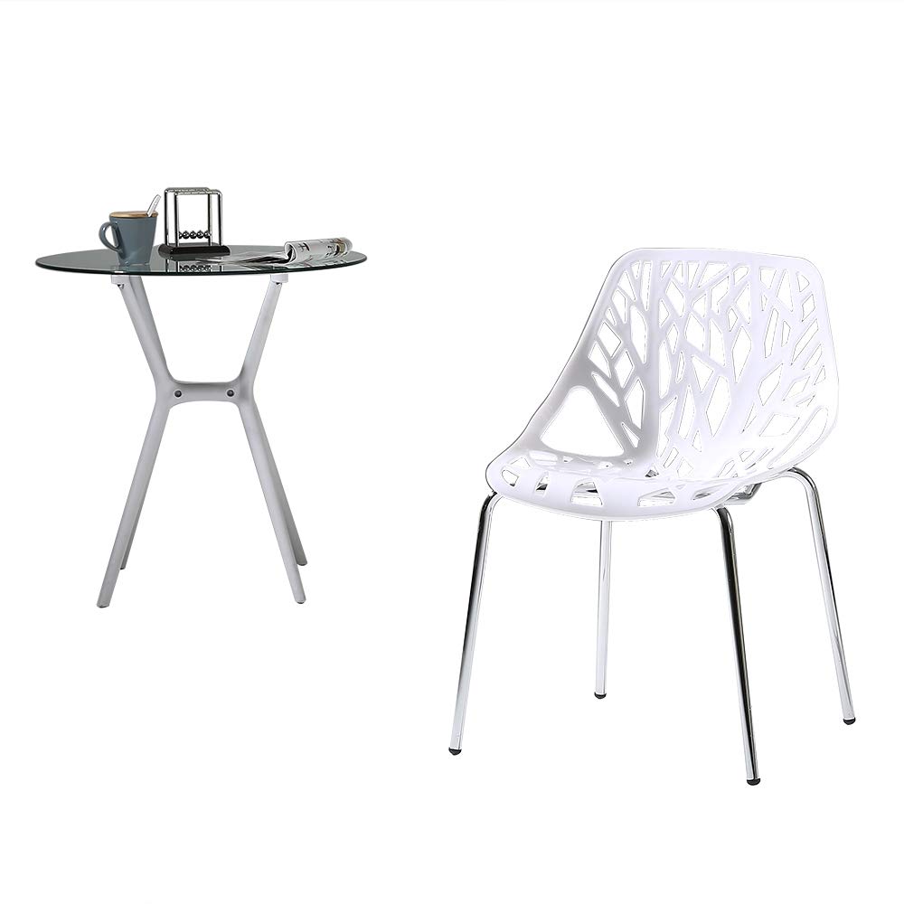 Modern White Dining Chairs Set of 4 - Forest Design with Chrome Legs for Home Office, Kitchen, Living Room & Outdoor Use - Ergonomic Computer, Vanity & Accent Chairs for Dining, Work & Relaxation