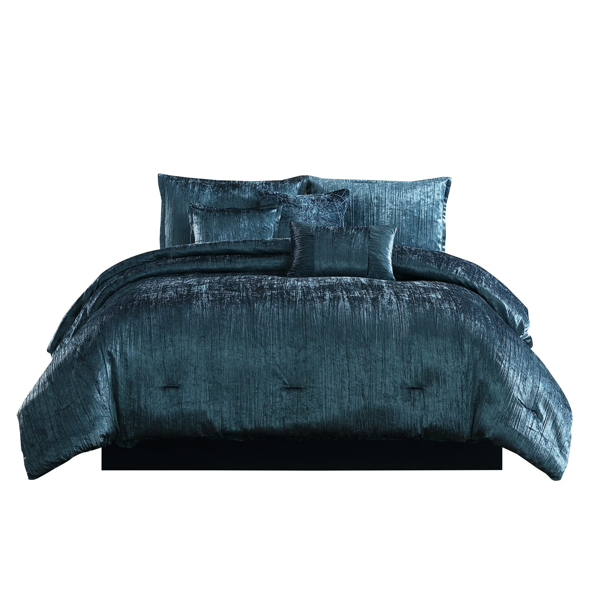 Benjara 7-Piece King Comforter Set - Shimmering Blue Luxury Bedding for Master Bedroom | Soft & Elegant Bedspread for Hotel-Style Comfort