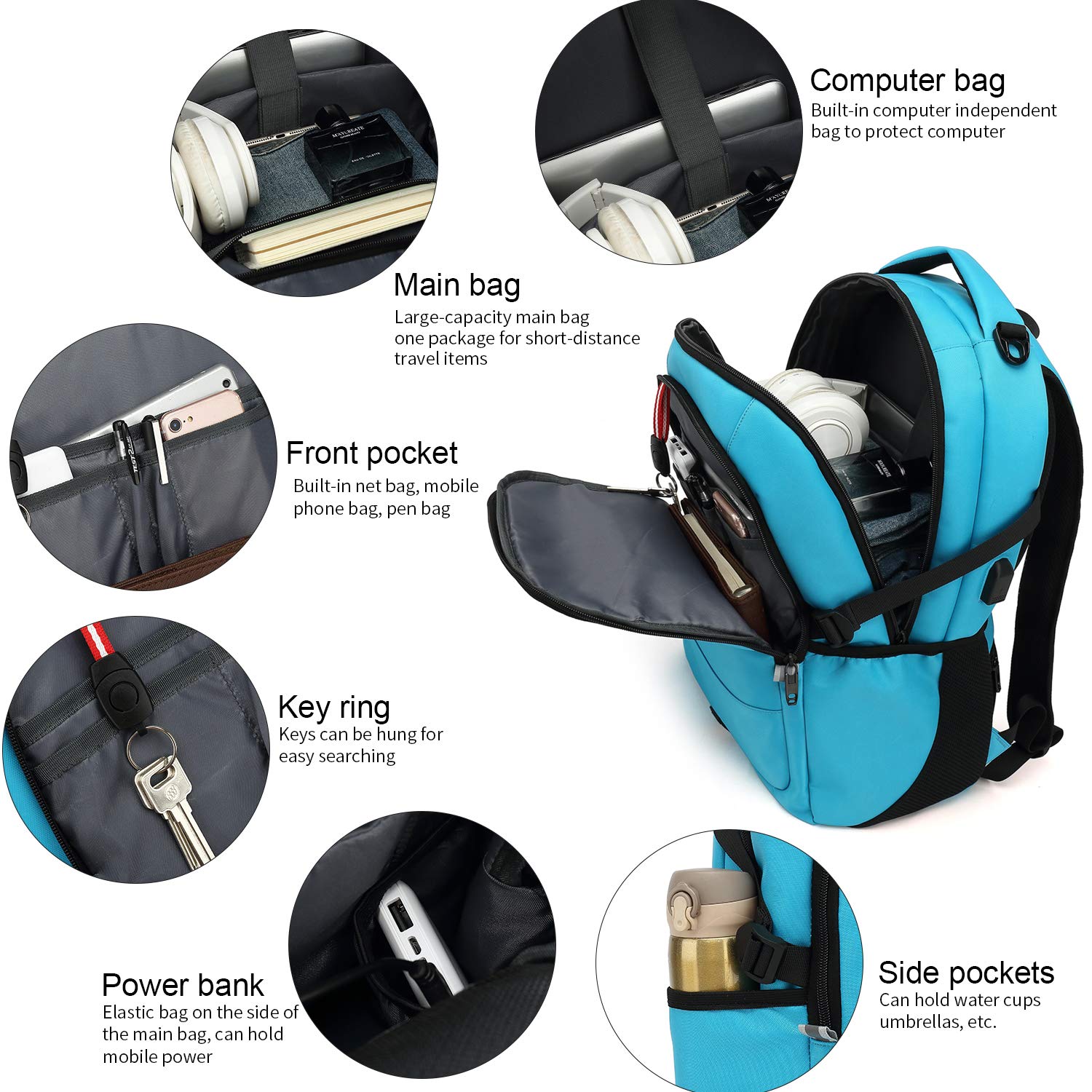 INSAVANT 15.6 Inch Water Resistant Laptop Backpack - Durable Anti-Theft College Travel Backpack with USB Charging Port - Perfect Gift for Men & Women (Sky Blue) - Ideal for Work, School & Daily Commute