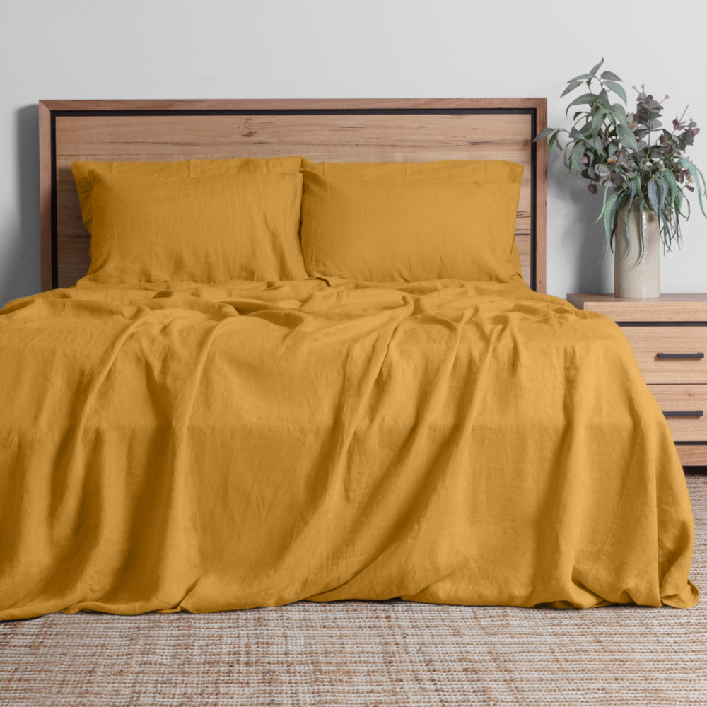 Premium 100% Linen King Sheet Set in Honey - Breathable & Soft Bedding for All Seasons - Perfect for Master Bedroom, Guest Room & Luxury Hotels