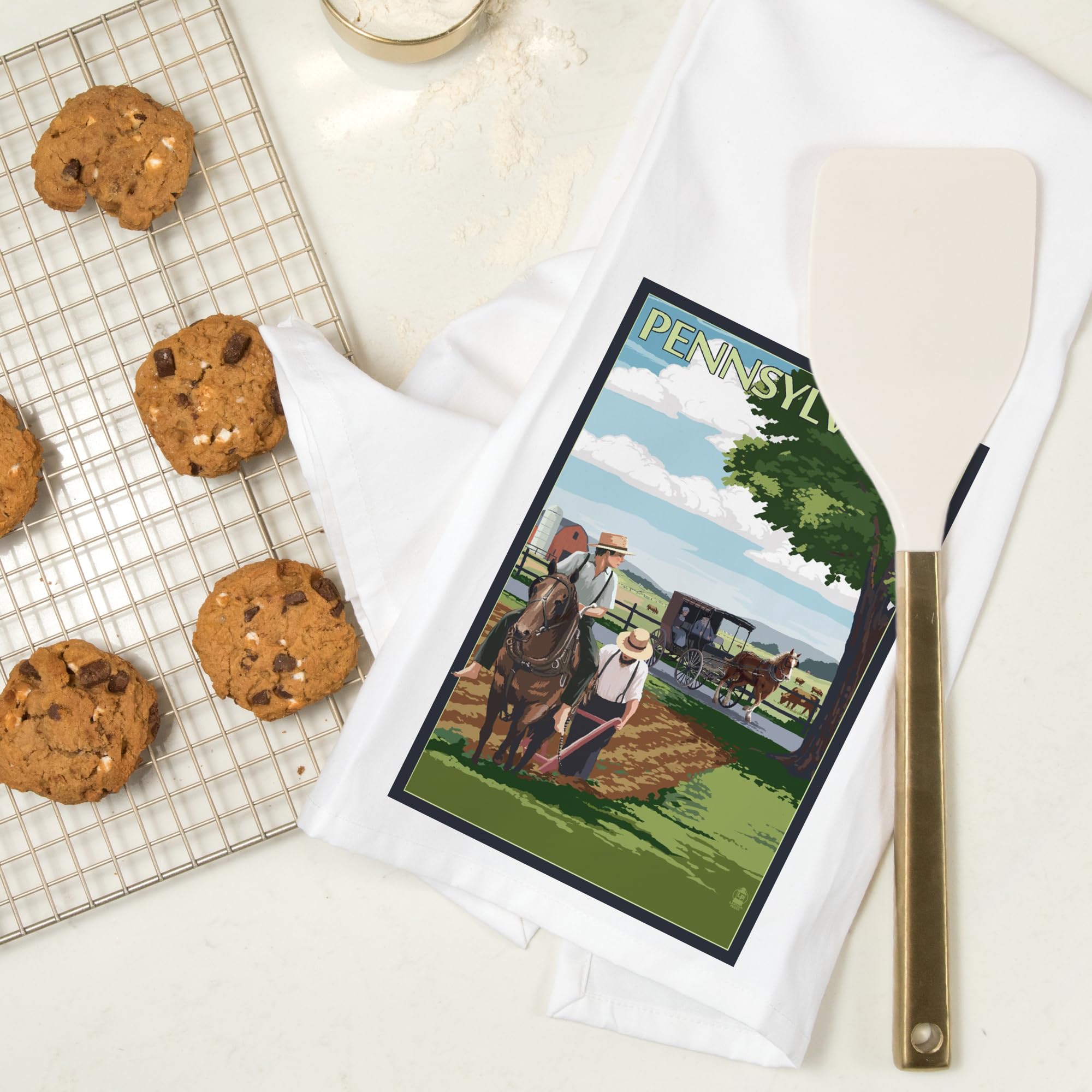 Lantern Press Pennsylvania Amish Farm Scene Tea Towel - 100% Cotton Decorative Hand Towel for Kitchen & Home | Farmhouse Decor, Dish Drying, Gift Idea