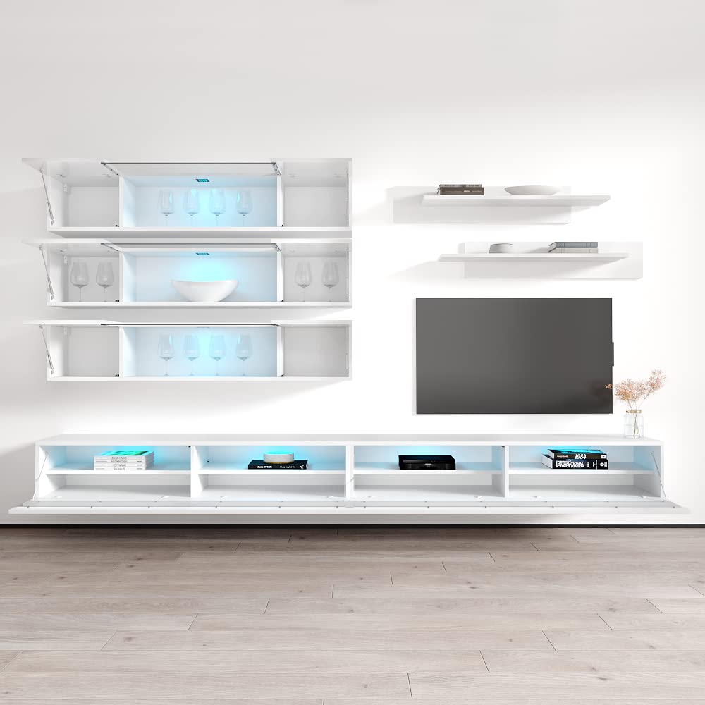 Modern White Wall-Mounted TV Stand with Storage Shelves & LED Lights - Floating Entertainment Center Console for Living Room & Bedroom - Space-Saving Furniture for Small Apartments & Home Theater Setup - Meble Fly J3 35TV Stand