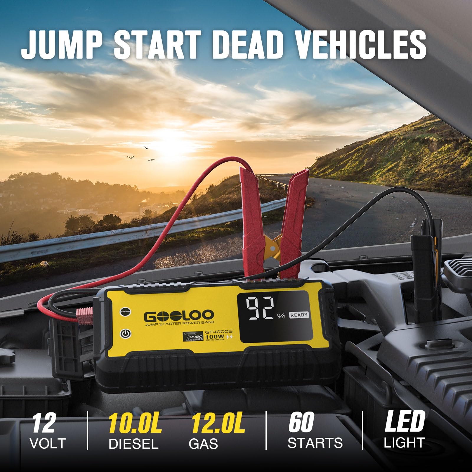 GOOLOO GT4000S 4000A Peak Jump Starter for Cars, Trucks & SUVs (Works with 10L Diesel/12L Gas Engines) - 100W Fast-Charging Portable Lithium Battery Booster, SuperSafe 12V Vehicle Power Bank & Emergency Charger - Perfect for Roadside Emergencies, Camping & Outdoor Adventures (Yellow)