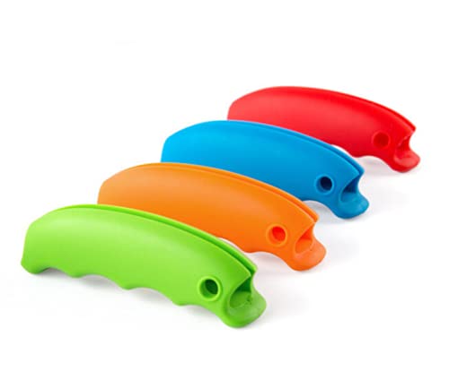 4-Pack Silicone Handle Bag Carriers for Grocery, Shopping & Trash Bags - Durable & Reusable, 4 Colors (Black, Blue, Green, Red) - Perfect for Supermarket, Home & Office Use