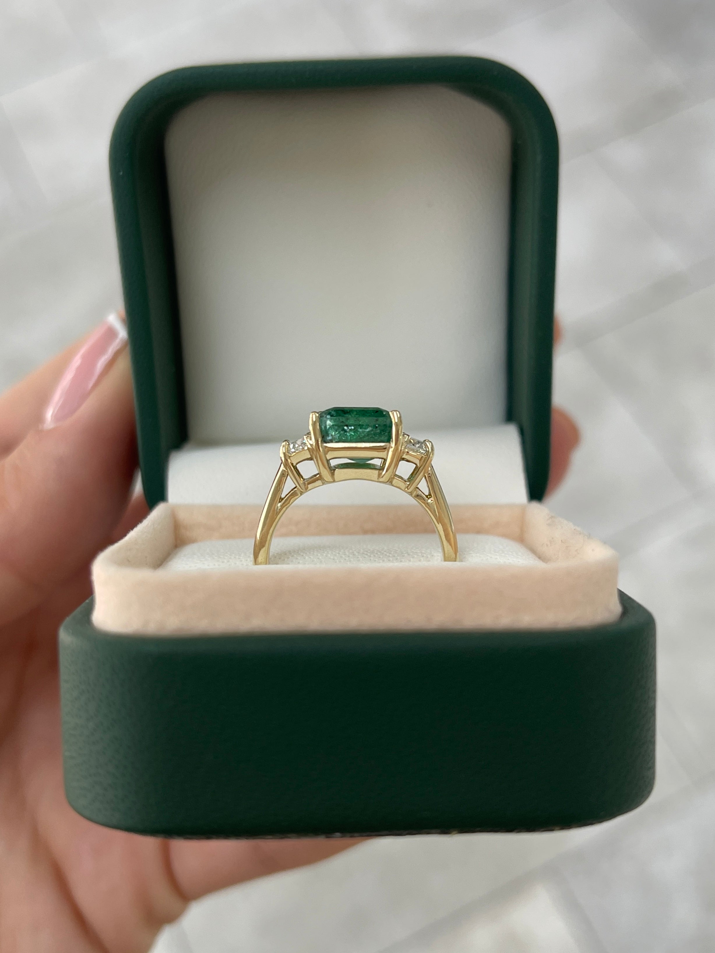 4.88tcw Natural Emerald & Lab-Created Half Moon Diamond 14K Gold Three Stone Ring for Engagement, Wedding, Anniversary & Special Occasions