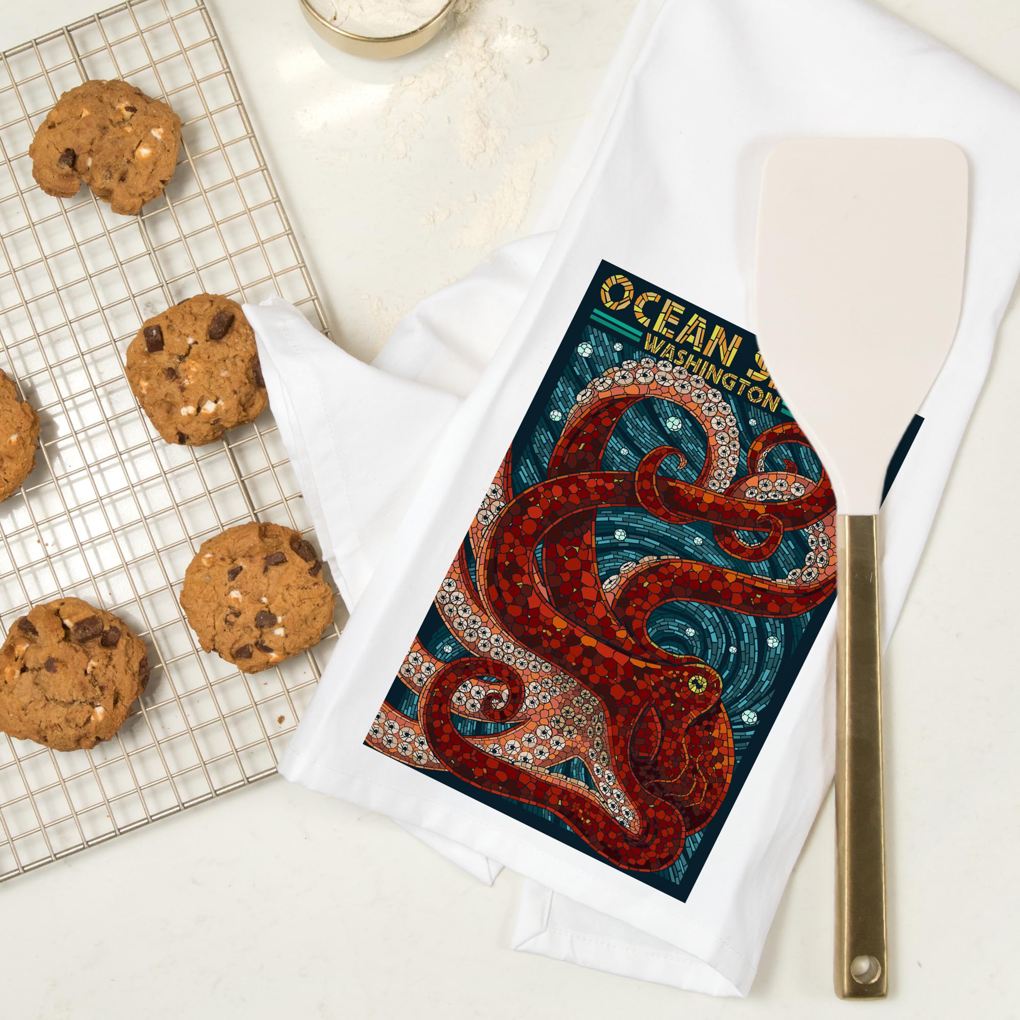 Lantern Press Ocean Shores Washington Octopus Mosaic Cotton Tea Towel - 100% Cotton Decorative Hand Towel for Kitchen, Bathroom & Home Decor | Perfect for Dish Drying, Gift Giving & Coastal Themed Decor