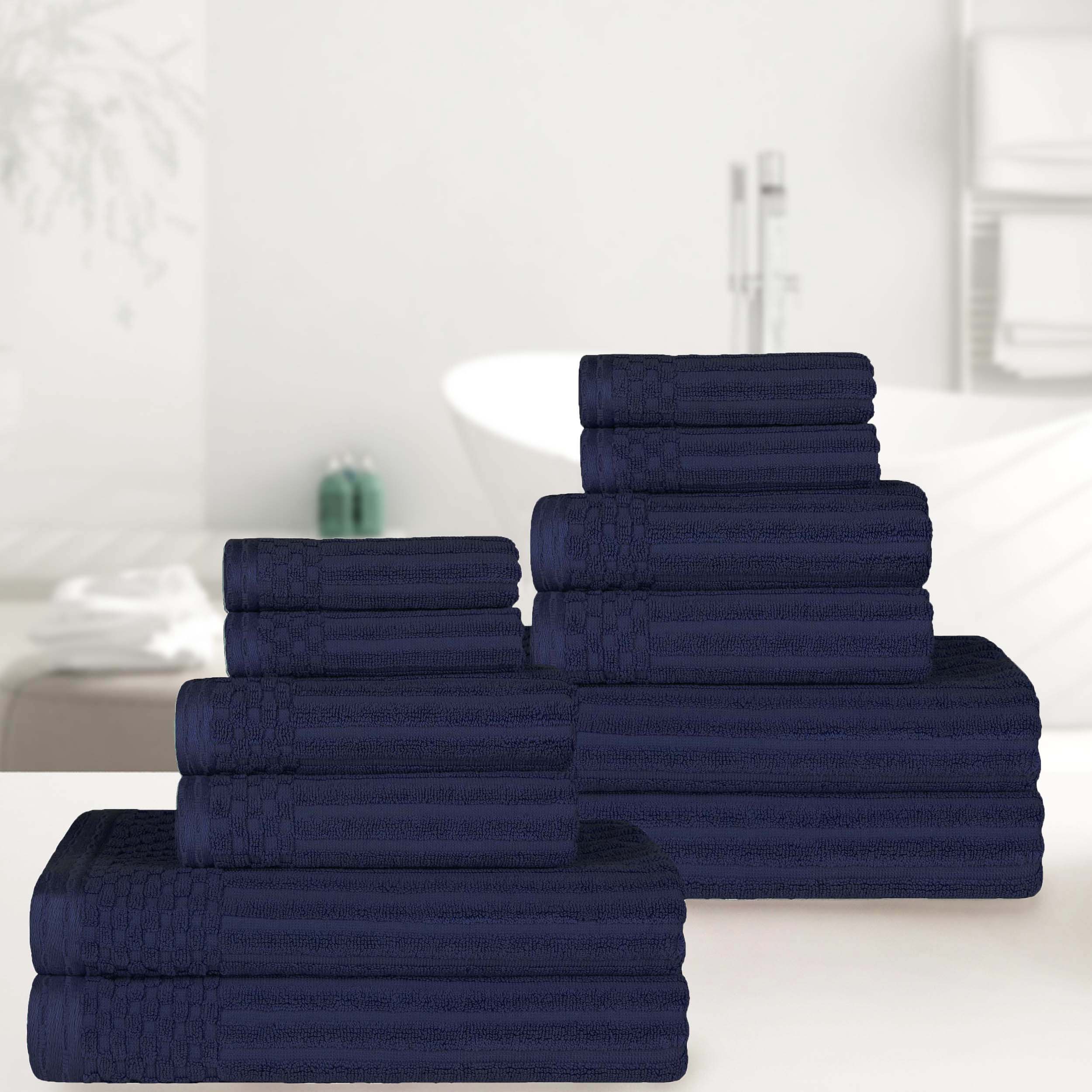 Premium 12-Piece Ribbed Textured Cotton Towel Set - Medium Weight Bath & Hand Towels for Spa, Guest Bathroom & Luxury Home Decor