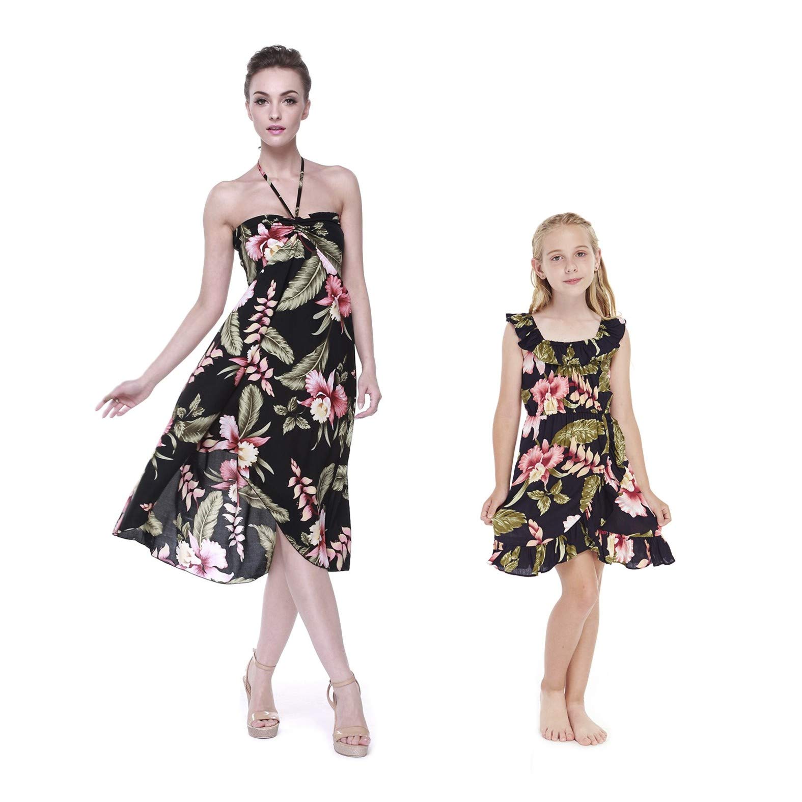 Floral Print Hawaiian Luau Mother Daughter Matching Halter Wrap Dress - Tropical Vacation, Beach Party, Family Photo Outfits