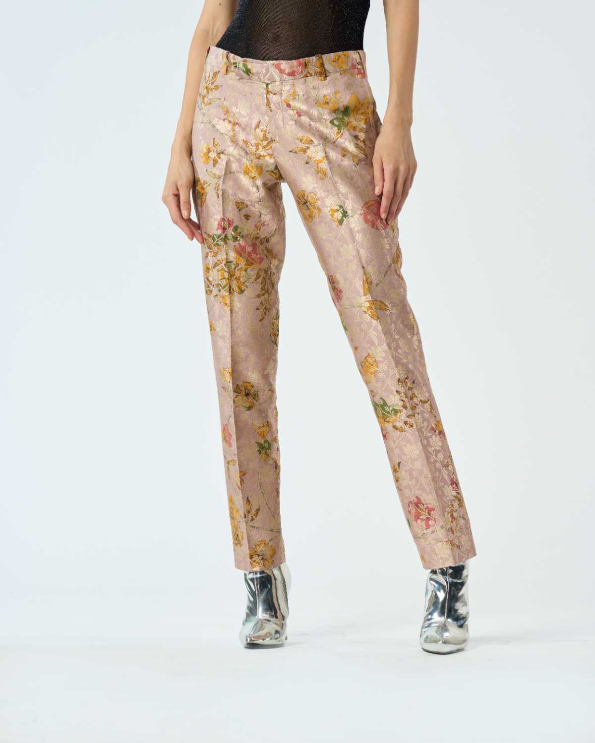 Elegant Champagne Pink Silk Brocade Classic Trousers for Women - Perfect for Weddings, Parties & Formal Occasions
