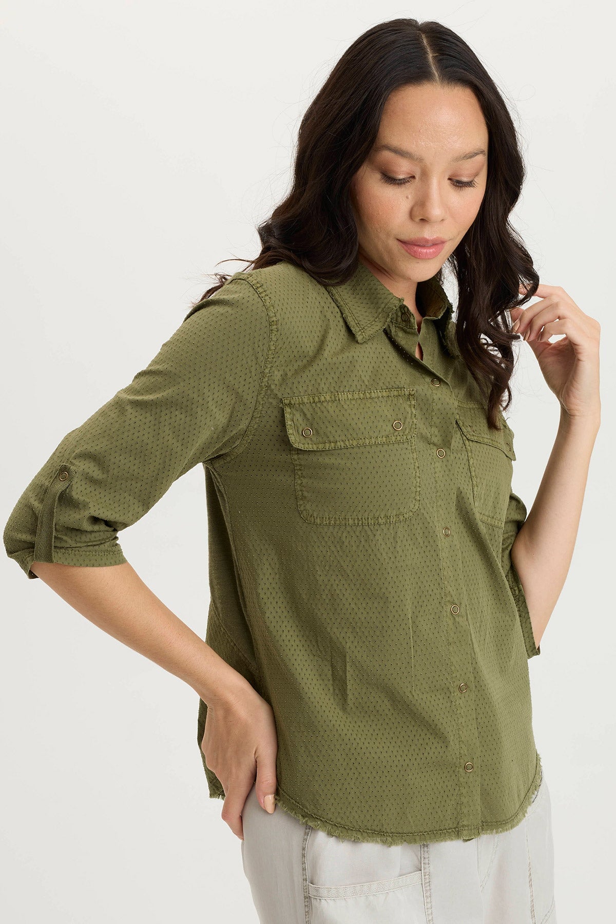 Arvin Perforated Poplin & Jersey 3/4 Sleeve Snap Up Top for Women | Breathable Summer Blouse | Casual Office Wear & Weekend Outfits