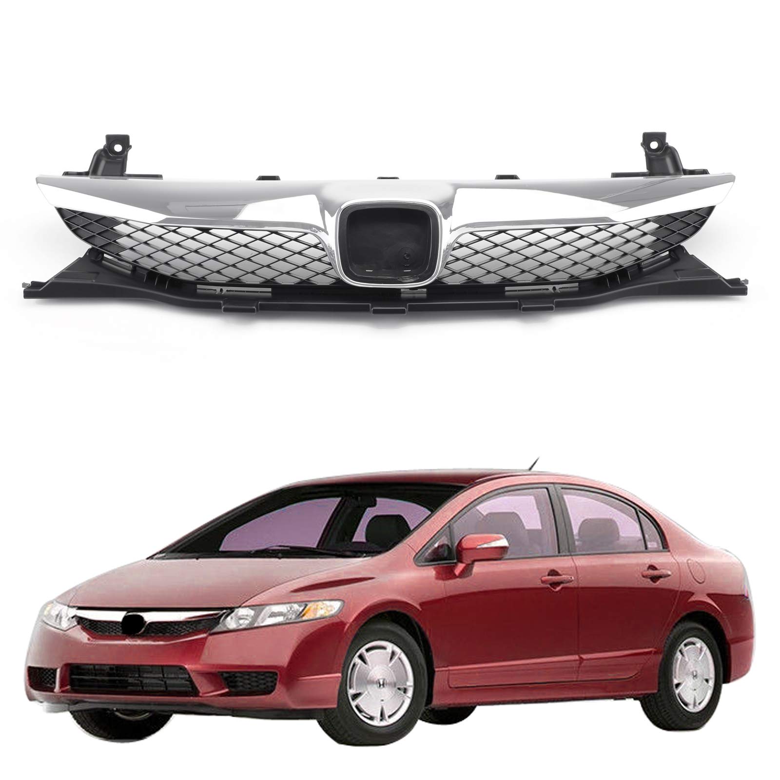 Topteng Black Chrome Front Bumper Grille for 2009-2011 Honda Civic Sedan 4-Door | Durable Replacement & Custom Upgrade for Enhanced Style & Protection