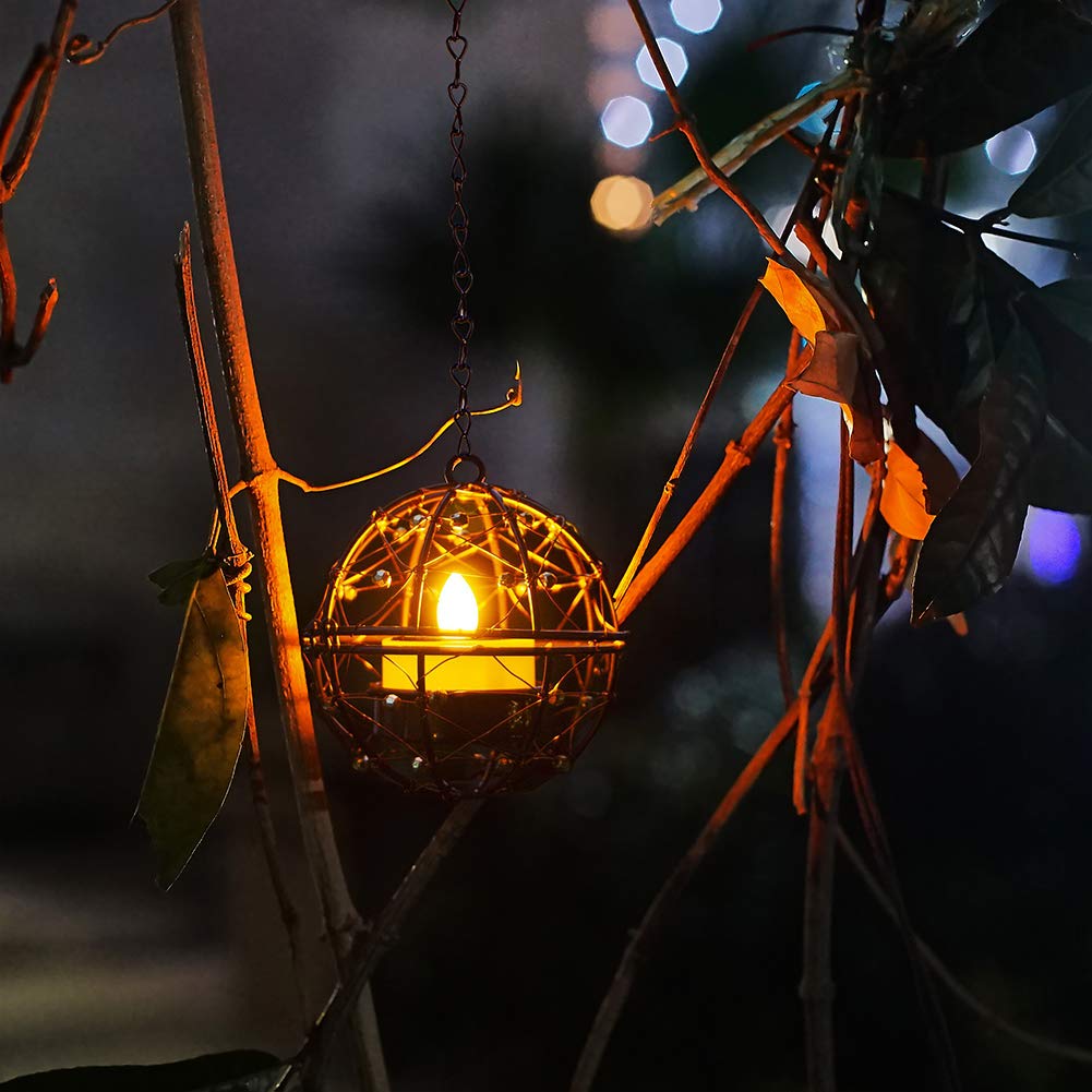 Solar Powered Hanging Lanterns Outdoor Decor - 4 Pack Copper Wire Beaded Ball Candle Holders with LED Tea Lights for Garden, Patio, Pergola, Backyard, Wedding & Party Decoration