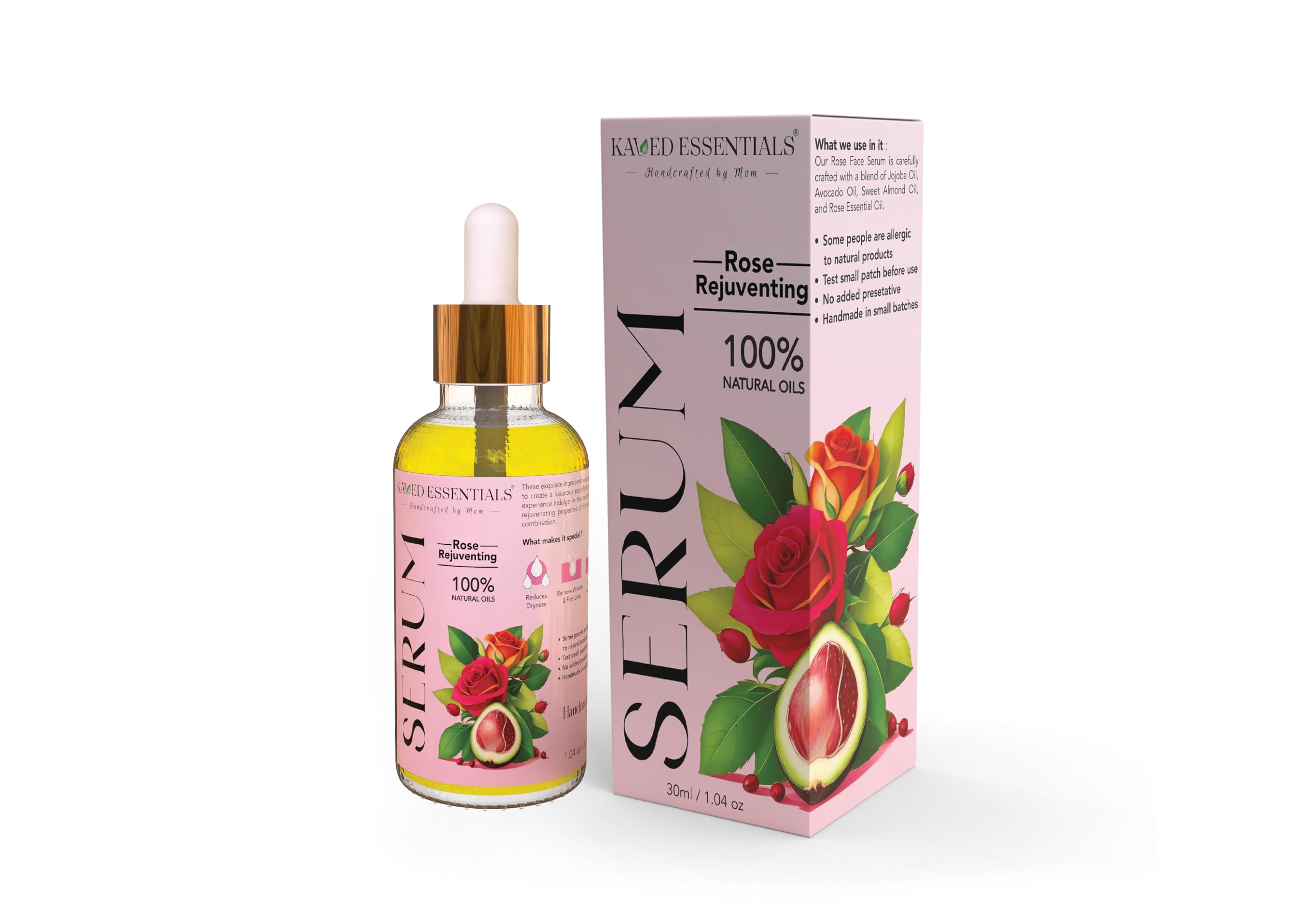 KAVED ESSENTIALS Rose Facial Serum with Jojoba Oil & Avocado Oil - 30ml Hydrating Anti-Aging Face Oil for Glowing Skin - Perfect for Night Routine & Dry Skin Care