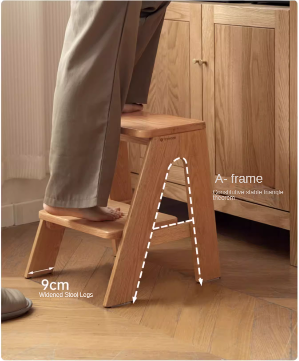 Solid Oak Wood Step Stool - Sturdy 2-Step Ladder for Kitchen, Bathroom & Kids - Non-Slip Safety Footrest for Home, Office & Closet Organization