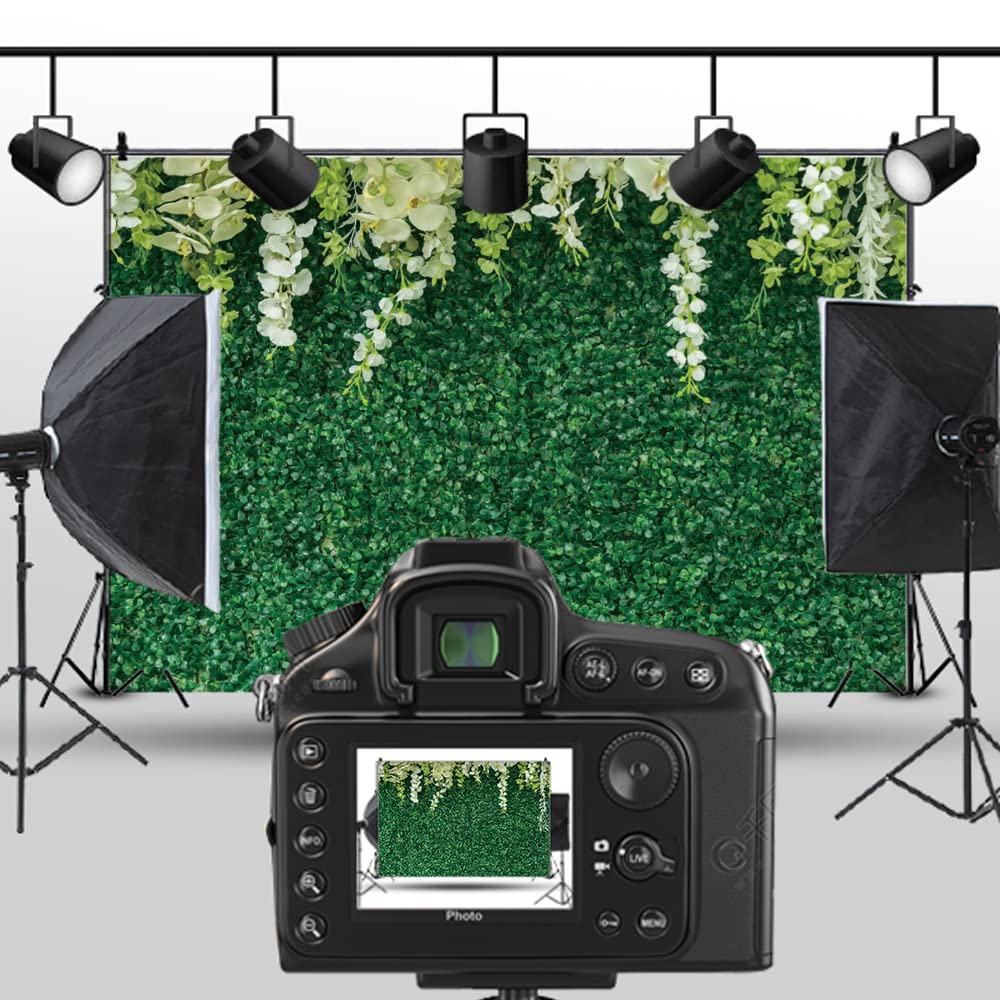 10x8ft Greenery Floral Photography Backdrop - Green Leaf Grass Wall with White Flowers for Wedding, Bridal Shower, Baby Shower, Birthday Party & Reception Decoration - Durable Vinyl Photo Background for Professional Photography & Event Styling