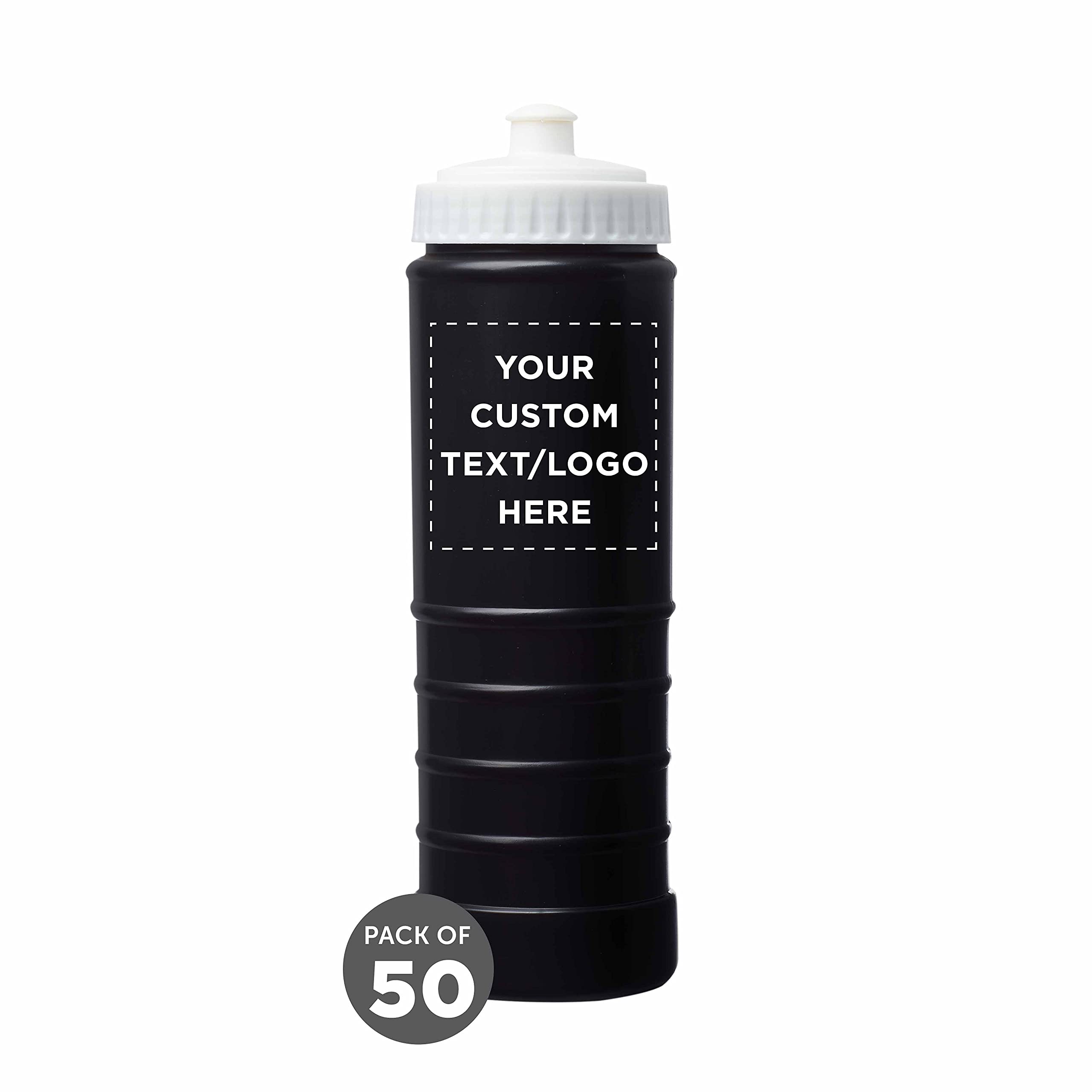 50 Pack 23 oz Plastic Water Bottles with Screw-On Lid & Grip Design - Customizable Text/Logo - Bulk Water Bottles for Sports, Gym, Office & Outdoor Activities - Black