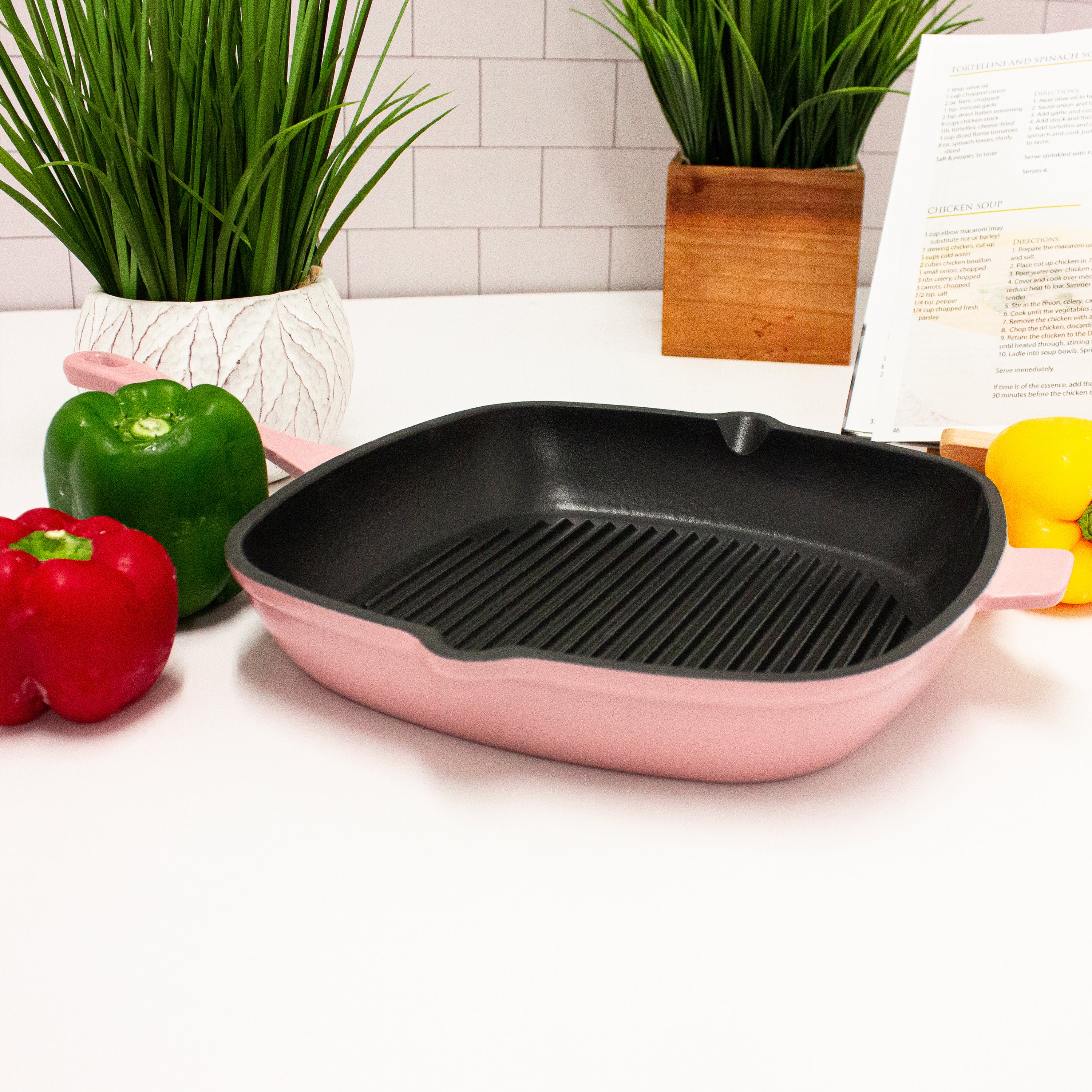 BergHOFF Neo 4-Piece Cast Iron Cookware Set - Grill Pan, Fry Pan & Oval Dutch Oven, Pink | Durable Non-Stick Kitchenware for Grilling, Frying & Braising | Perfect for Home Cooking, Camping & Outdoor BBQ