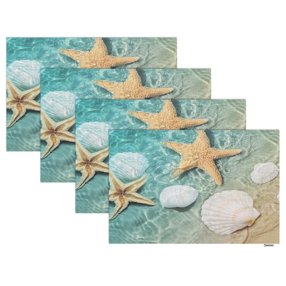 Swono Beach Seastar Placemat Set of 4 - Starfish and Seashell Design Summer Beach Theme Waterproof Oilproof Table Mats 12