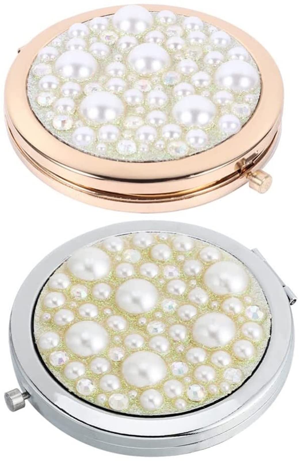 Portable Folding Compact Mirror - Dual-Sided Travel Makeup Mirror with Pearl Design, 2 Pack Handheld Cosmetic Mirror for Handbag & Pocket | Perfect for Travel, Home, and On-the-Go Touchups