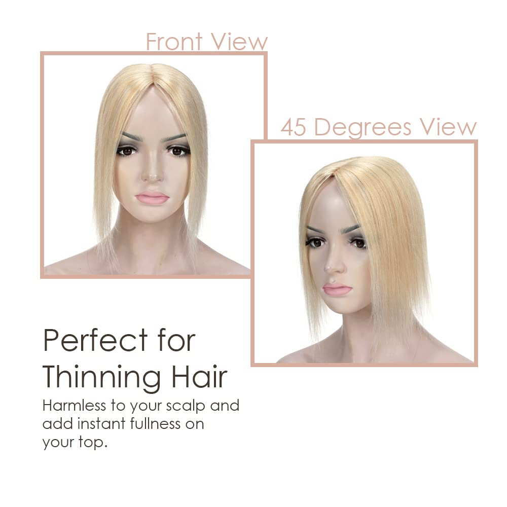 MY-LADY Human Hair Toppers for Women - 150% Density Remy Hair Topper with Silk Base (7x13cm, No Bangs) - Clip in Hairpiece for Thinning Hair - 10 Inch Straight Bleach Blonde #613 - Perfect for Daily Wear, Parties & Special Occasions