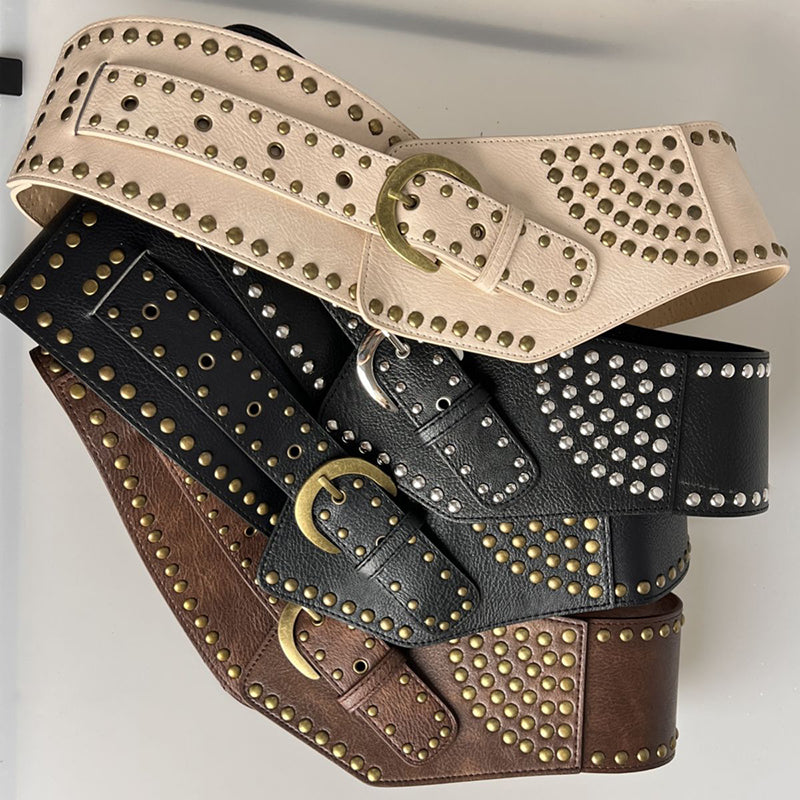 Vintage Faux Leather Wide Belt with Rivet Pin Buckle - Stylish Waist Cincher for Women's Retro Outfits, 80s Costume & Boho Fashion Accessories