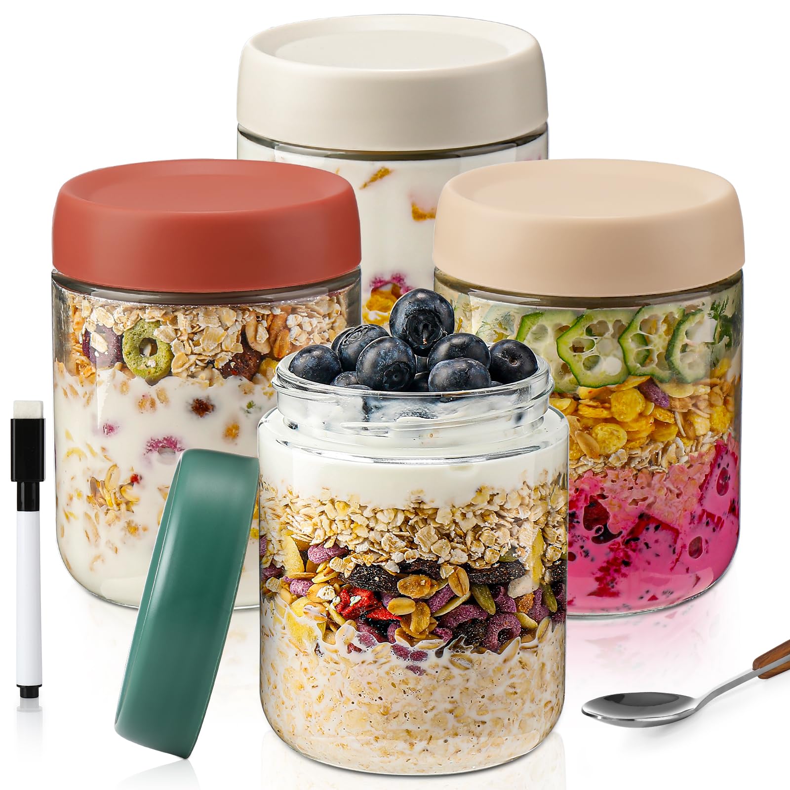 16oz Glass Overnight Oats Jars with Lids - 4 Pack Meal Prep Containers for Yogurt, Chia Pudding, Salad & Cereal - Perfect for Healthy Breakfast, Office Lunch & Meal Prepping