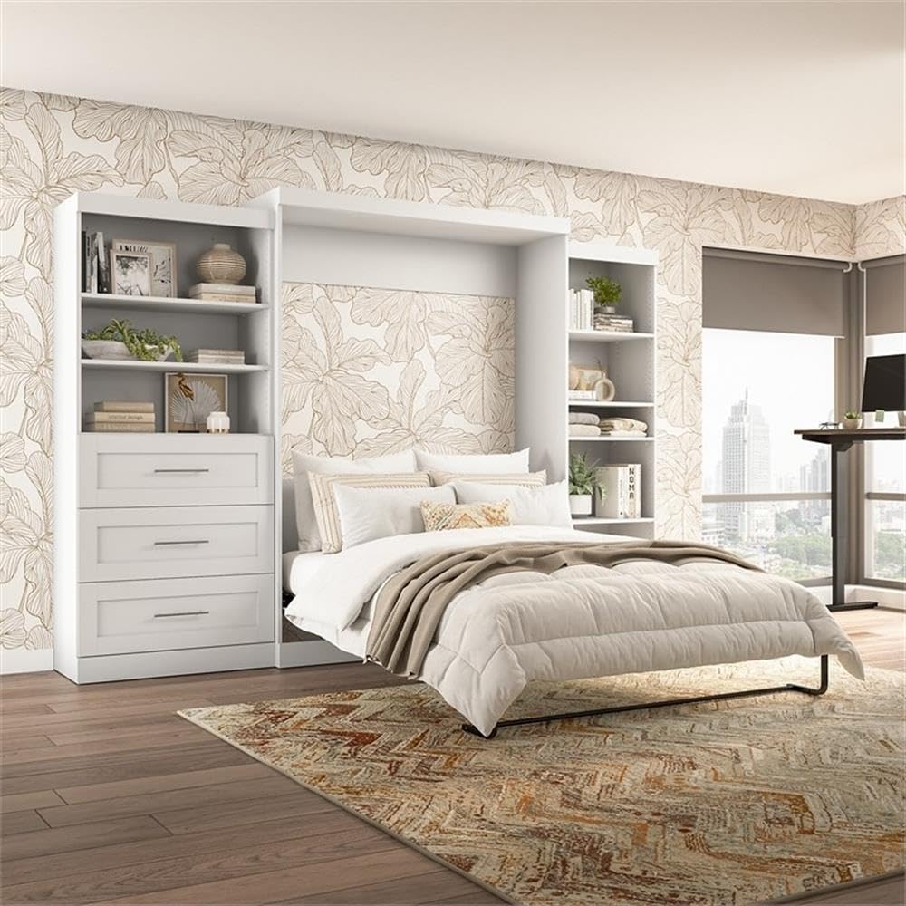 Pemberly Row Transitional Wood Queen Wall Bed with Storage in White - Space-Saving Murphy Bed for Small Apartments, Guest Rooms & Home Offices