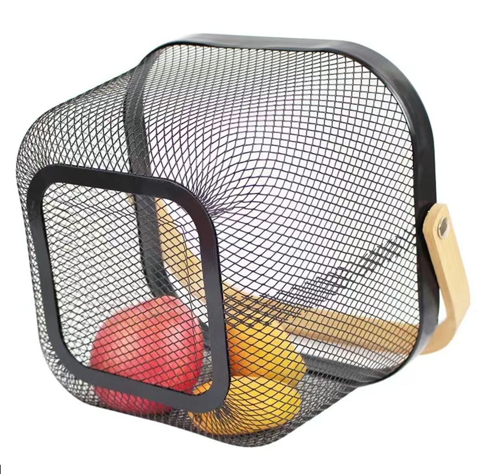 2 Pack Black Metal Mesh Steel Baskets with Wood Handles - Multi-Purpose Storage Organizer for Kitchen, Bathroom, Picnic & Home Decor - Perfect for Fruits, Vegetables, Spices & Household Items
