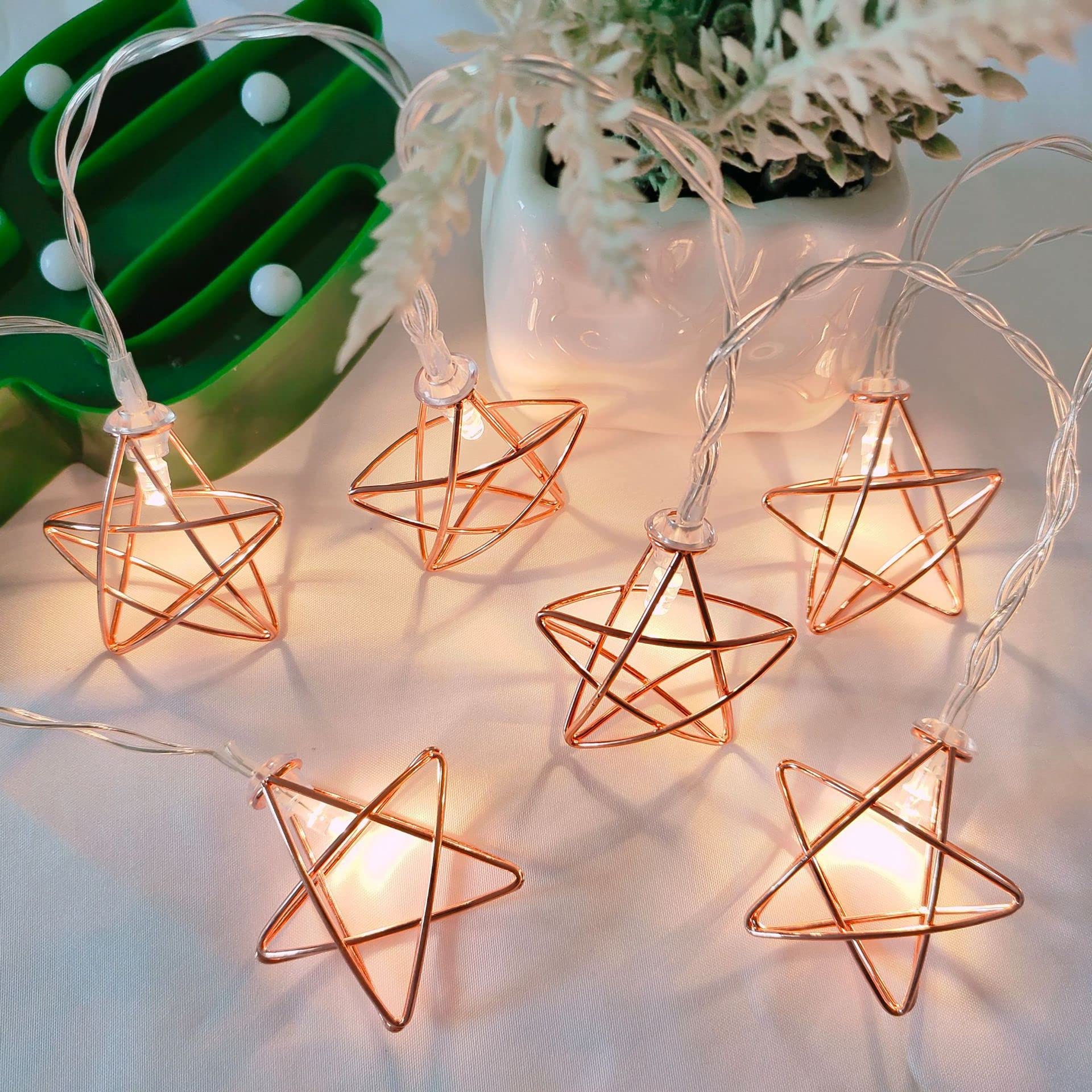 Rose Gold Star String Lights - 10 LED Fairy Lights Battery Operated (1.5m) for Wedding, Party, Christmas Tree, New Year, Garden, Bedroom & Home Decor - Waterproof & Dimmable Romantic Ambiance Lighting