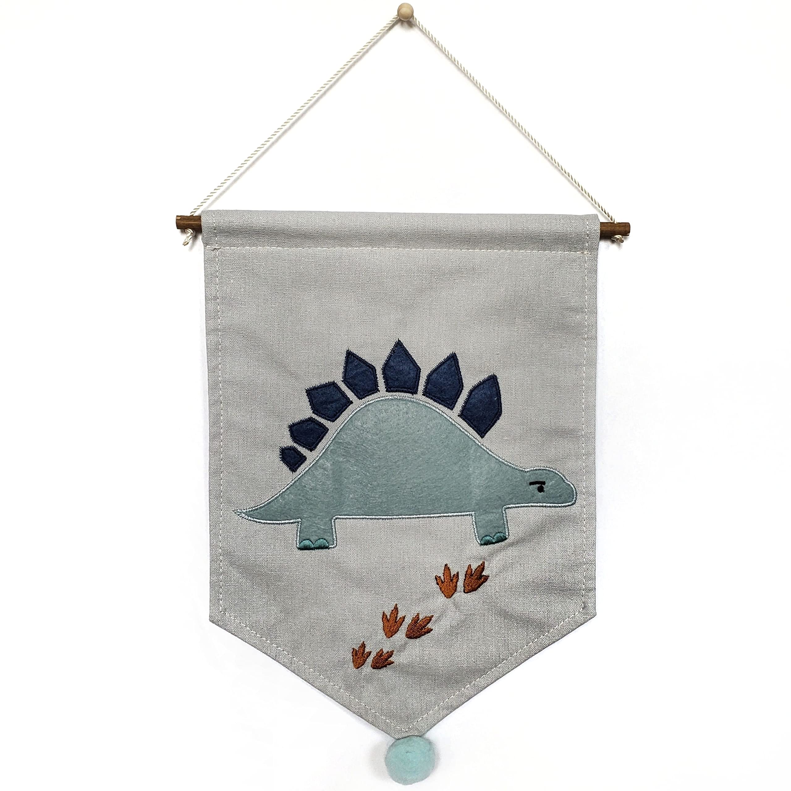 Dinosaur Wall Decor - Stegosaurus Embroidered Canvas Banner for Kids Room, Boys Bedroom & Nursery | Playroom Decor, Dinosaur Theme Party, Jurassic Nursery Decor