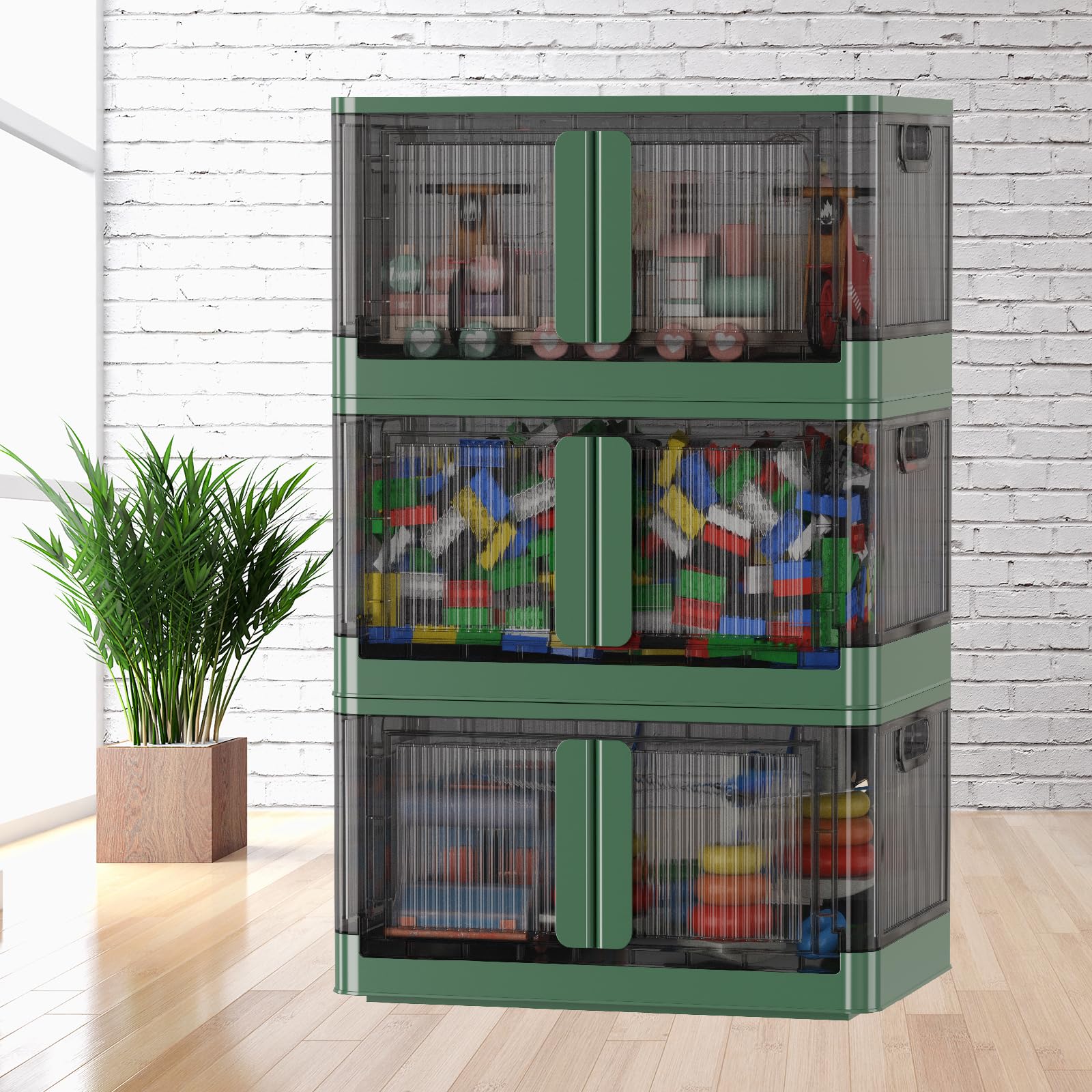 Sineda 19 Gallon Collapsible Storage Bins with Lids, Wheels & Door - Stackable Plastic Storage Containers for Clothes, Blankets, Books, Bedding, Toys (3-Pack, Green) - Perfect for Home Organization, Closet Storage & Garage Shelving