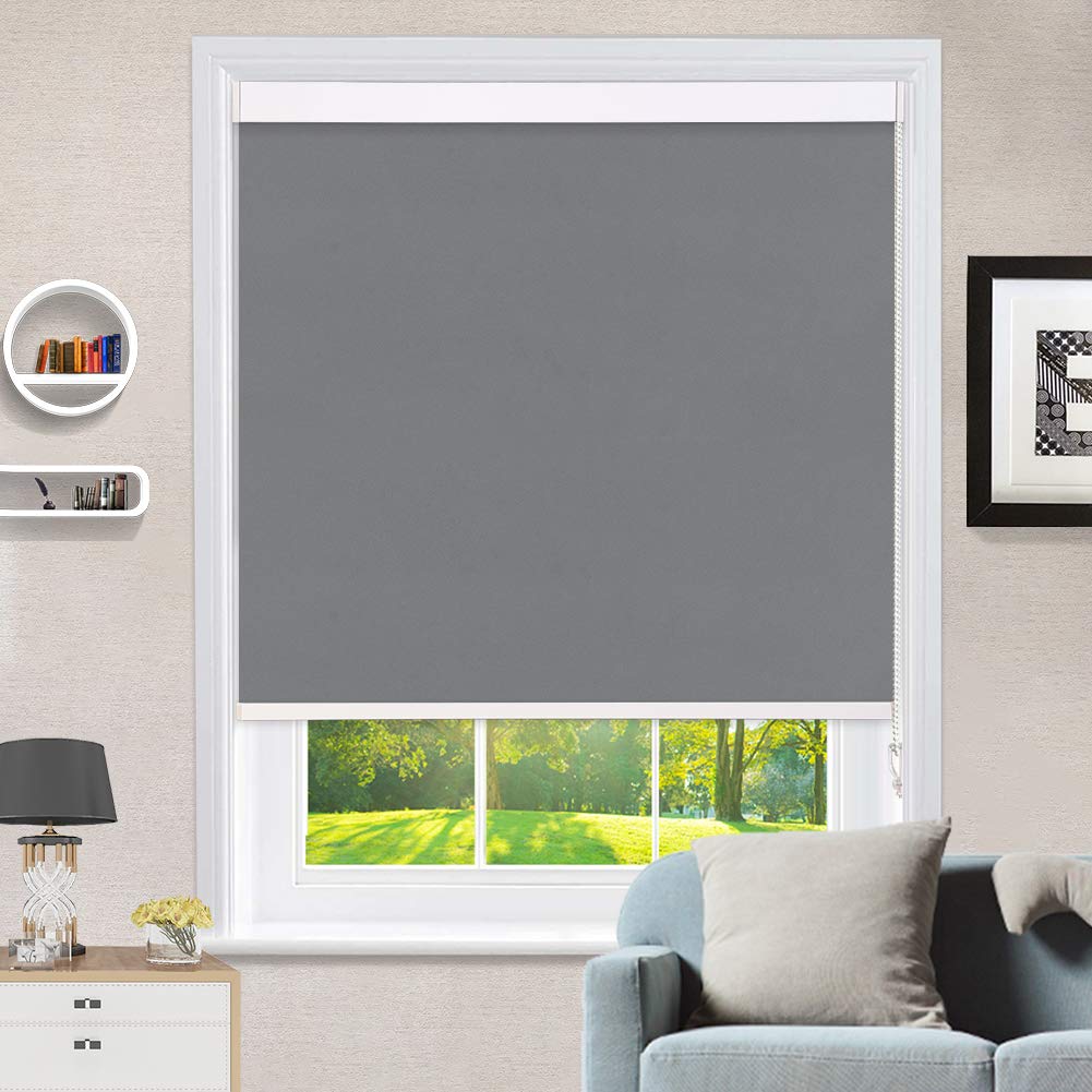 MiLin 100% Blackout Roller Shades - Premium Metal Valance, Fast Delivery, Room Darkening, Waterproof & Thermal Insulated Window Blinds for Home & Office - Classic Gray 50