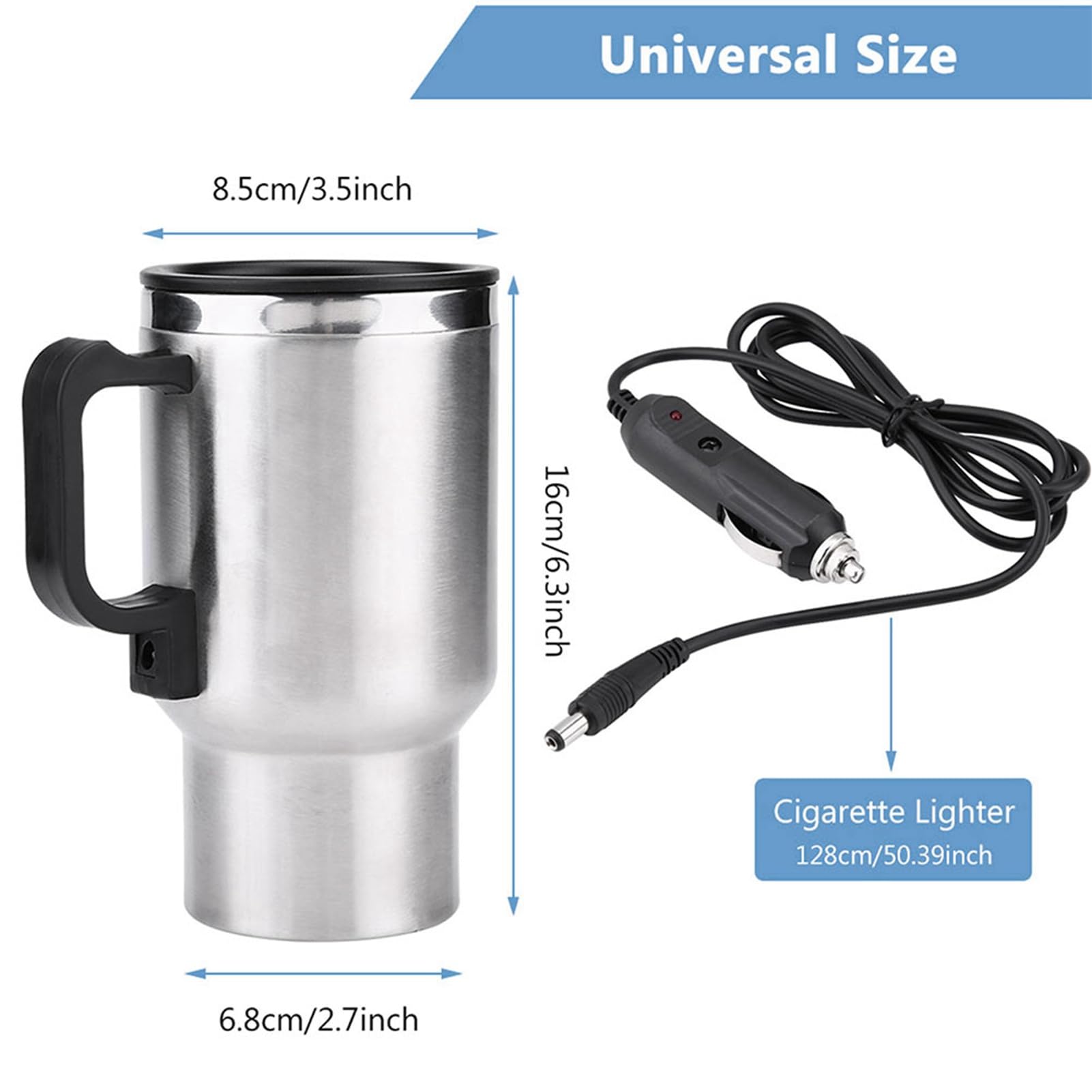 12V 450ml Stainless Steel Car Heating Cup - Electric Travel Mug with Cigarette Lighter Plug for Coffee, Tea & Milk | Portable Heated Water Kettle for Road Trips, Commuting & Camping