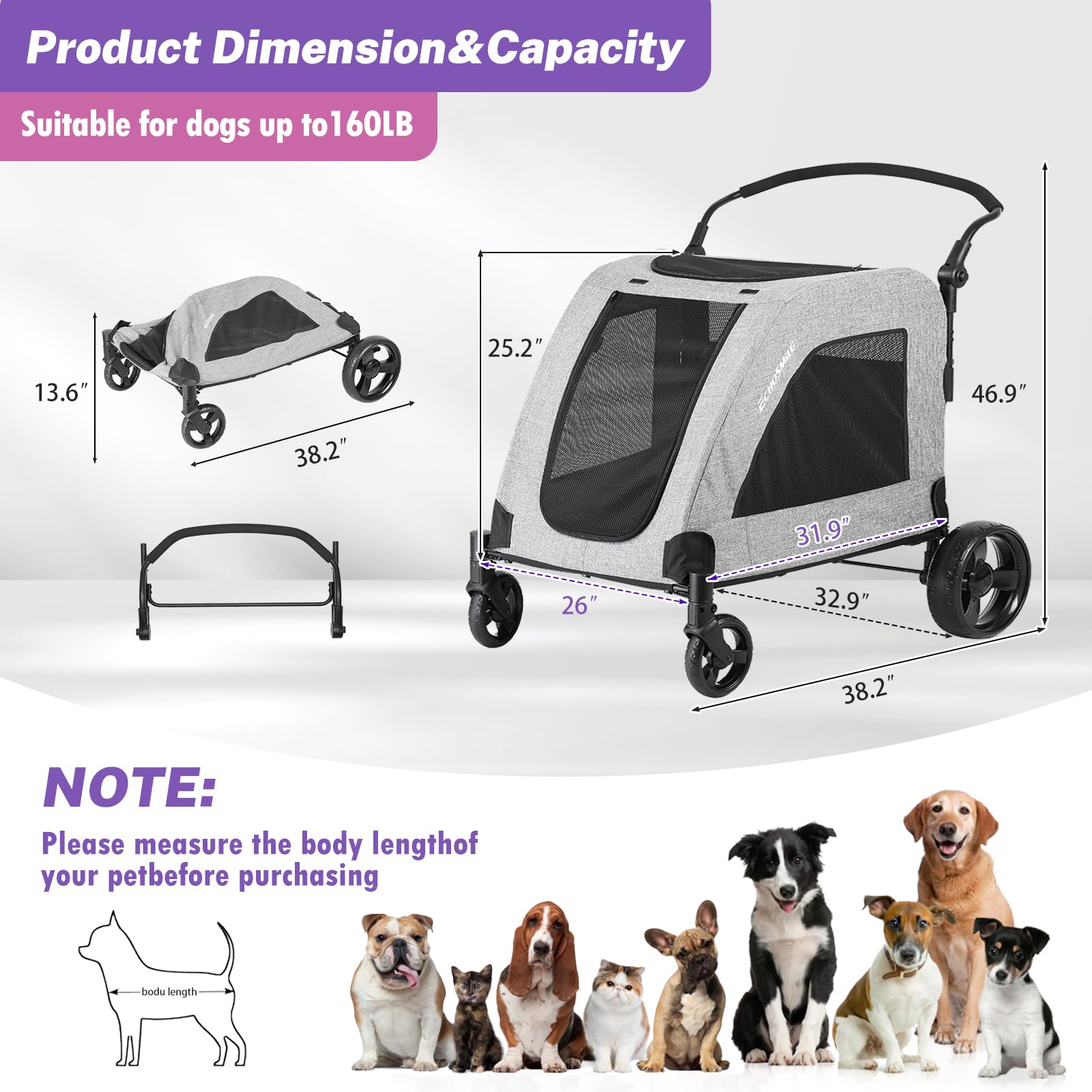 EchoSmile XL Extra Large Dog Stroller for 2 Medium Dogs - Lightweight Foldable Pet Stroller with Adjustable Handles & All-Terrain 4 Wheels - Dual Entry Safety Design Holds Up to 160 lbs (Gray) - Perfect for Park Walks, Vet Visits, and Senior Dog Transportation