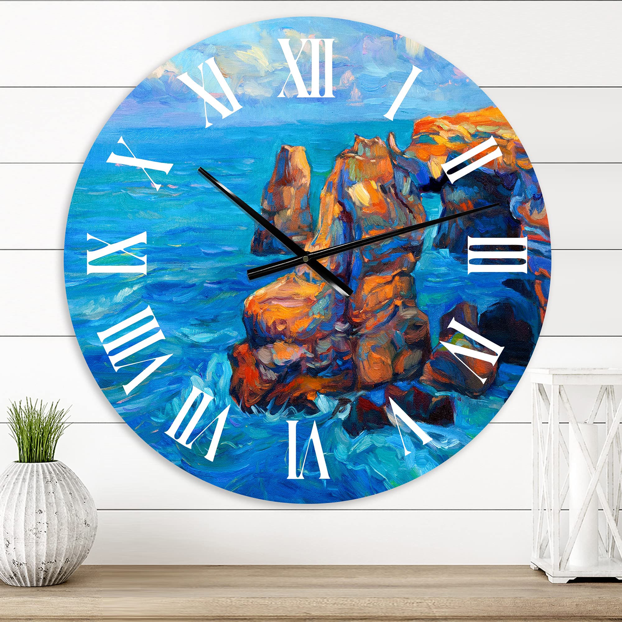 DesignQ Nautical Coastal Wall Clock - 'Cliffs by The Blue Ocean' Round Clock for Home & Office Decor | Perfect for Beach House, Living Room, Kitchen & Coastal-Themed Spaces