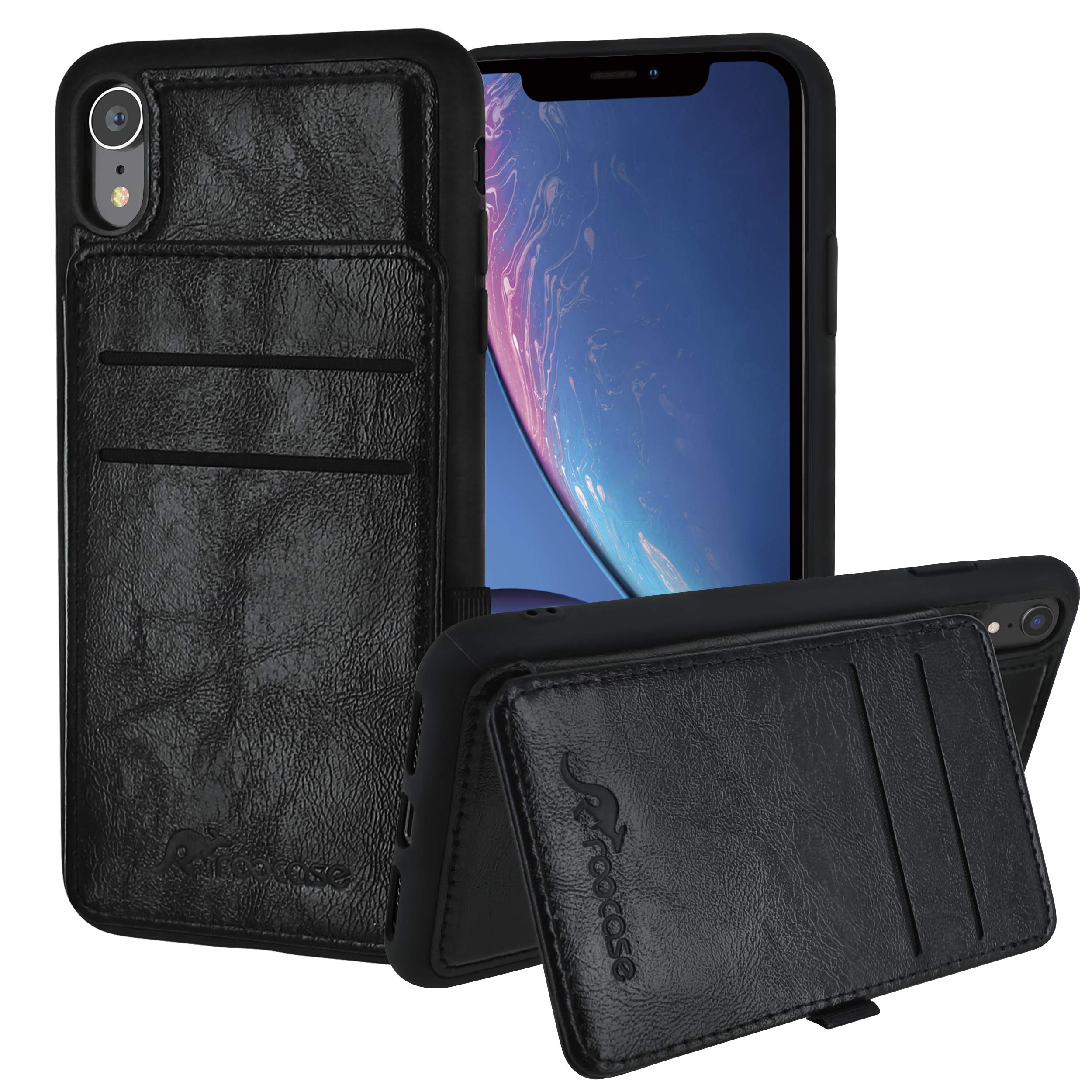 rooCASE Slim Leather Wallet Case for iPhone XR (6.1-inch 2018) - Black | RFID Blocking Card Holder with Kickstand | Perfect for Everyday Use, Travel & Business Meetings