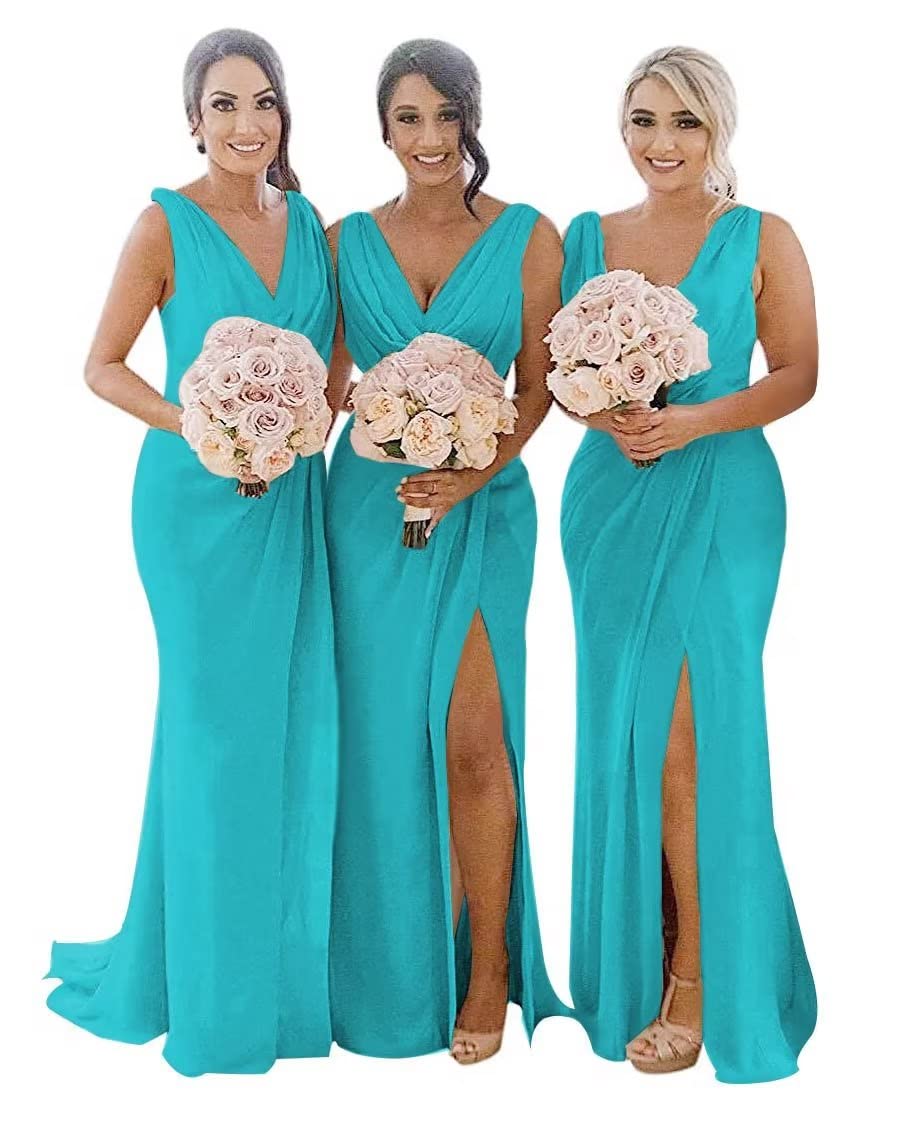 Elegant V-Neck Chiffon Bridesmaid Dress with High Slit - Formal Evening Party Gown for Weddings, Prom & Special Occasions | Perfect for Wedding Party, Cocktail Events & Red Carpet Nights