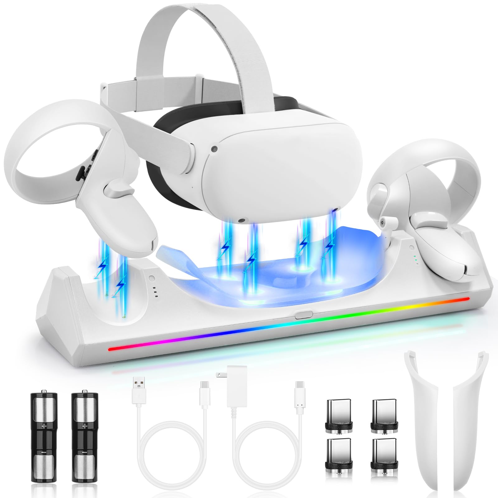 Meta Quest 2 Charging Dock with LED Indicator - Magnetic VR Charging Station for Oculus Quest 2 Headset & Controllers, Includes 2 Rechargeable Batteries & USB-C Cable - Perfect for Gaming, VR Entertainment & Multiplayer Sessions