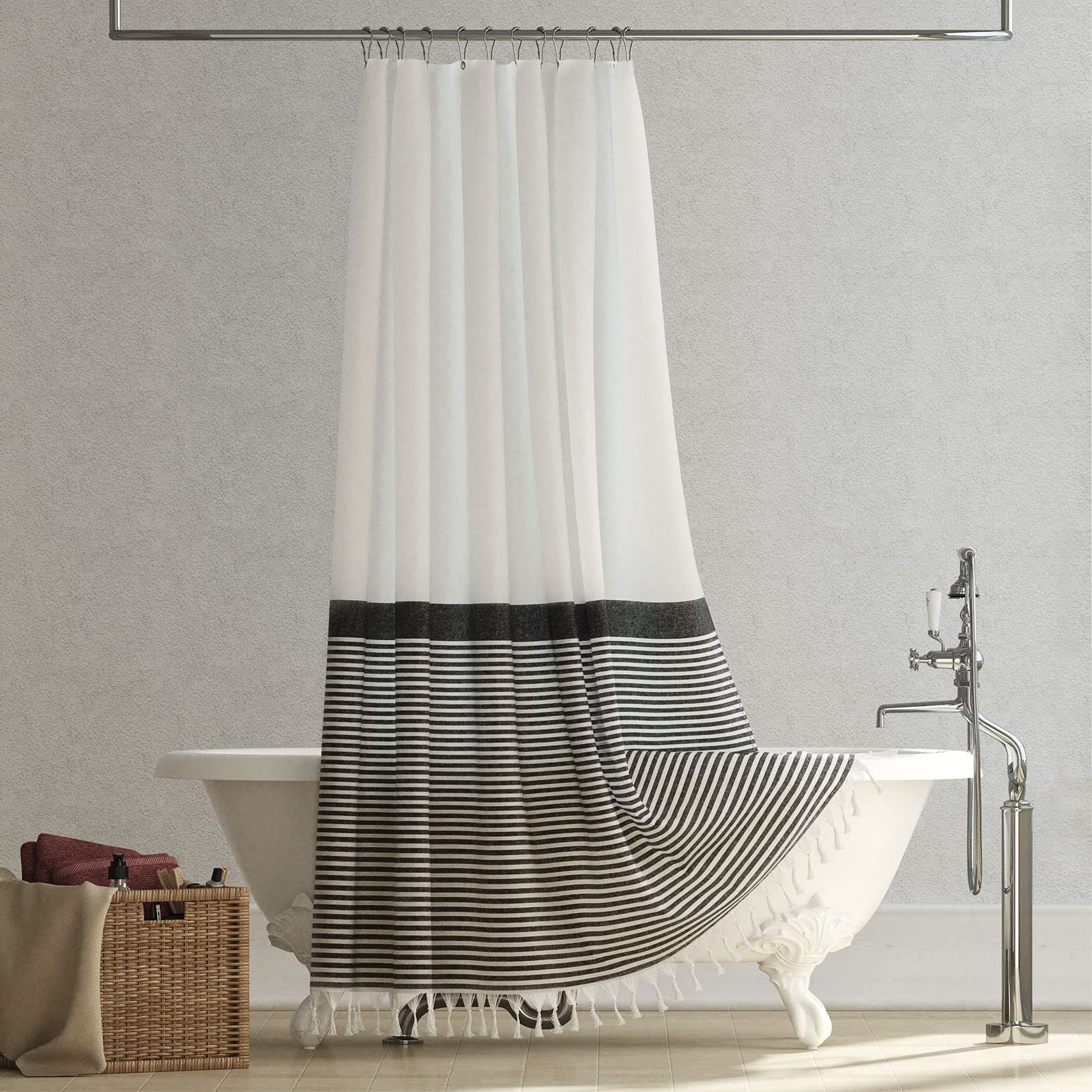 Modern Farmhouse Fabric Shower Curtain - Boho Black & White Striped Bathroom Decor with Tassels, Luxury Hotel Style Shower Curtain Set Includes 12 Hooks (72x72 Inches) for Spa-Like Bathroom Retreat